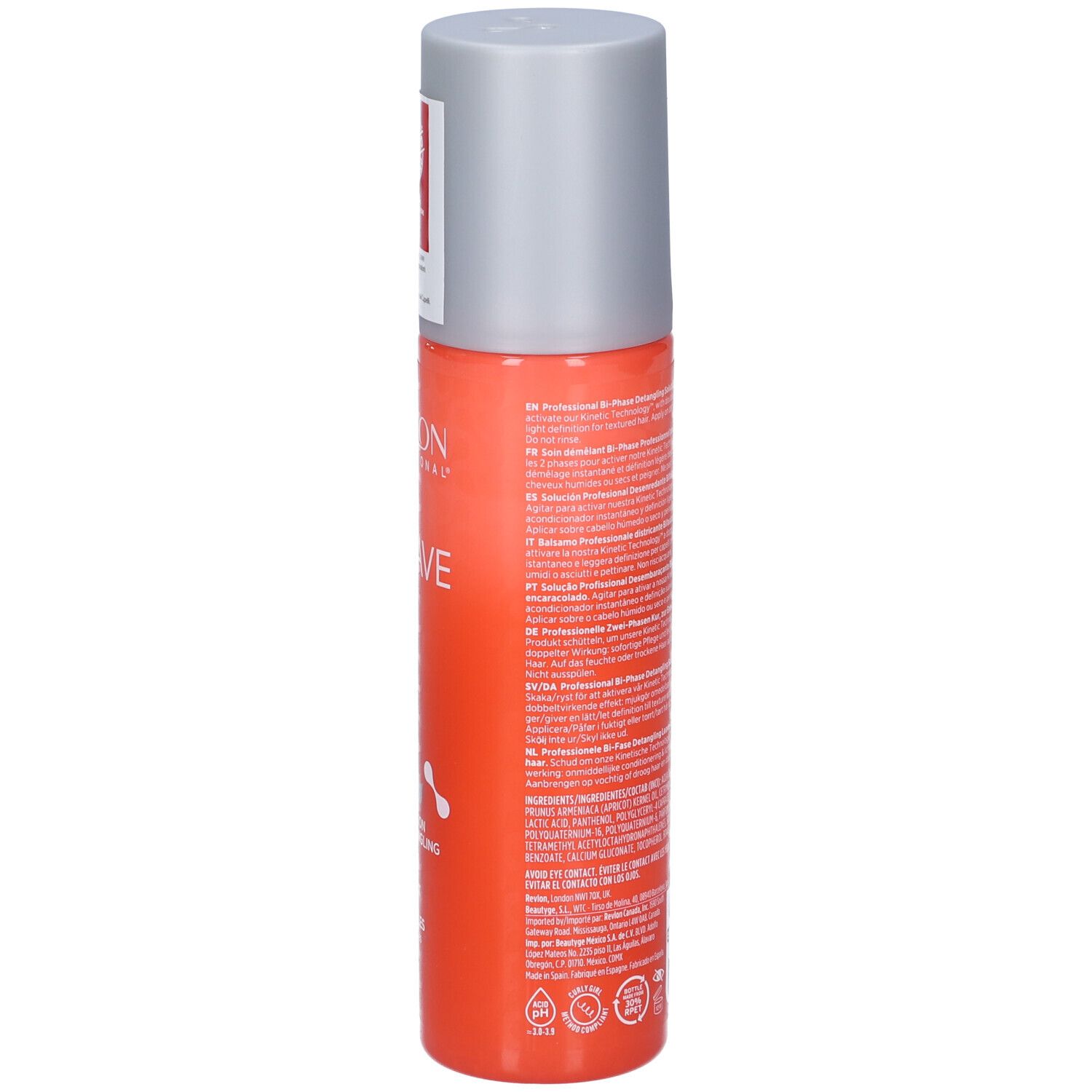 Flacone spray arancione con tappo grigio. Retro con testo e codice a barre. Nome prodotto: Revlon EQUAVE.
