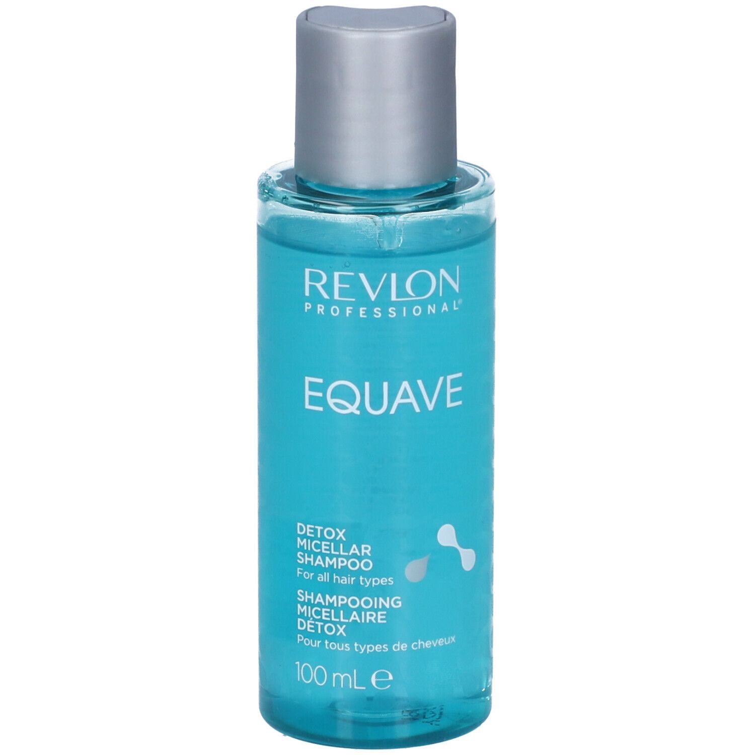 Flacone blu trasparente con tappo argentato. Scritta: Revlon Professional, Equave, Detox Micellar Shampoo. 100 ml.