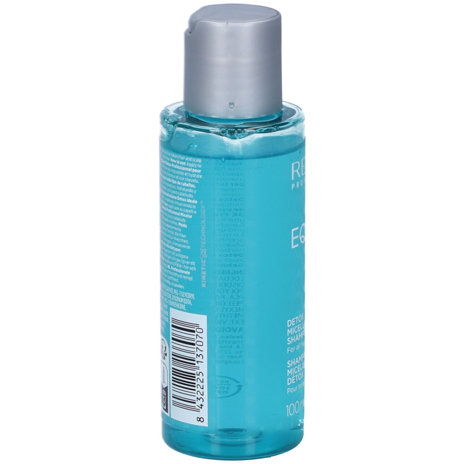 Retro del flacone blu. Testo multilingue. Codice a barre e simboli di riciclaggio.