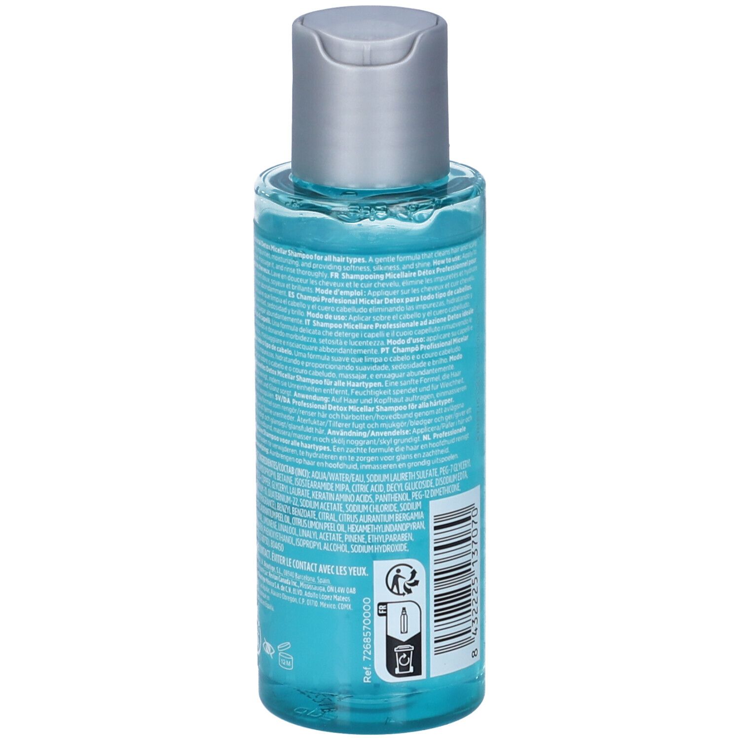Retro del flacone blu. Testo multilingue. Codice a barre e simboli di riciclaggio.