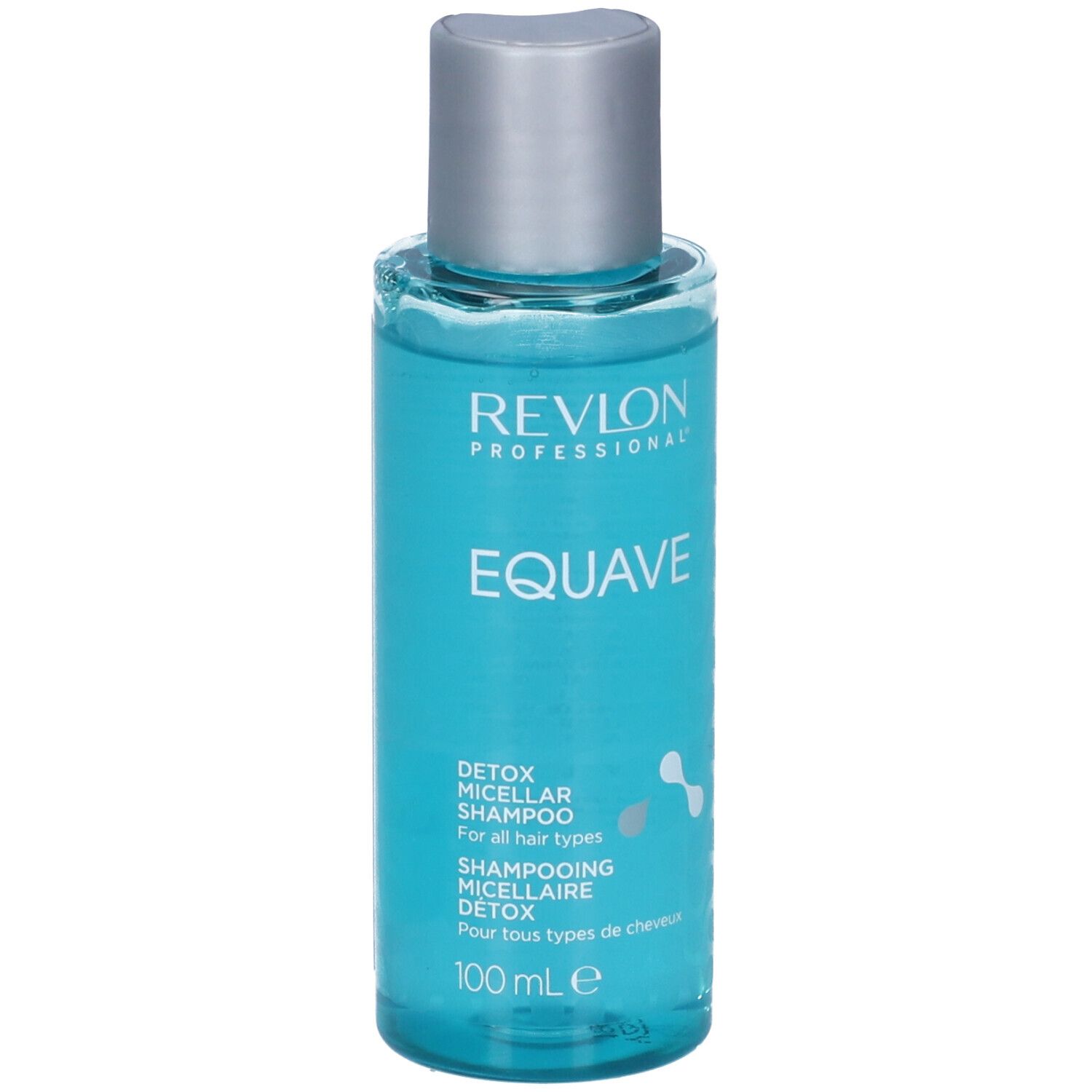 Flacone blu trasparente con tappo argentato. Scritta: Revlon Professional, Equave, Detox Micellar Shampoo. 100 ml.