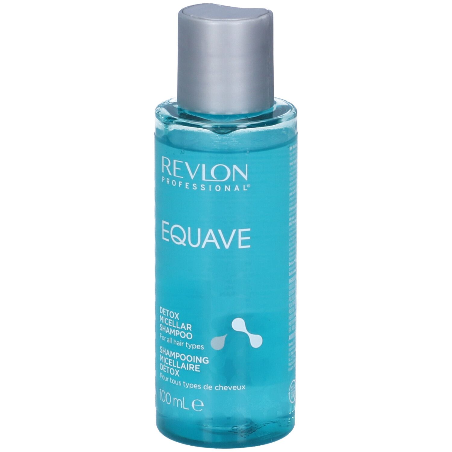 Flacone blu trasparente con tappo argentato. Scritta: Revlon Professional, Equave, Detox Micellar Shampoo. 100 ml.