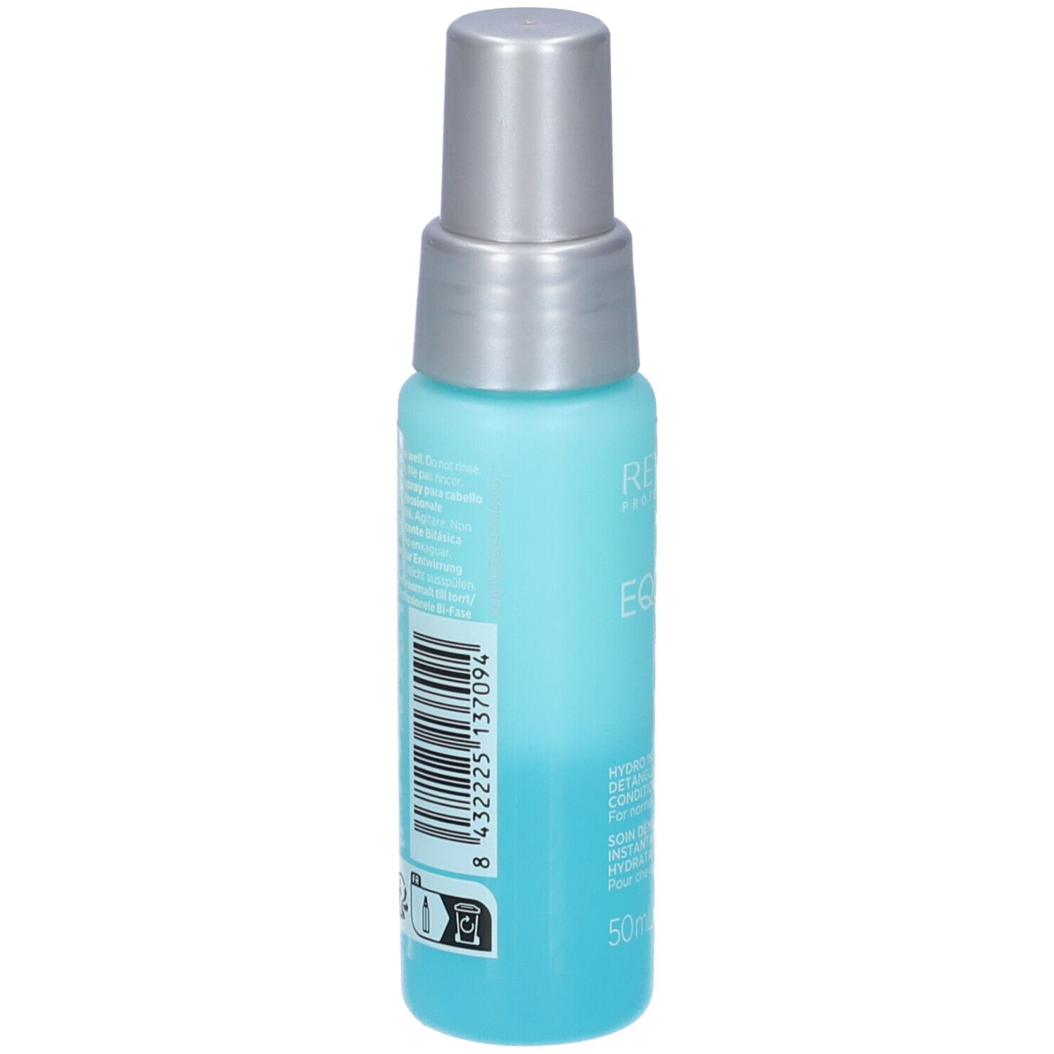 Retro del flacone spray blu-argento. Codice a barre e testo. Scritta: Revlon Professional, Equave. Hydro Instant Detangling Conditioner. 50ml.
