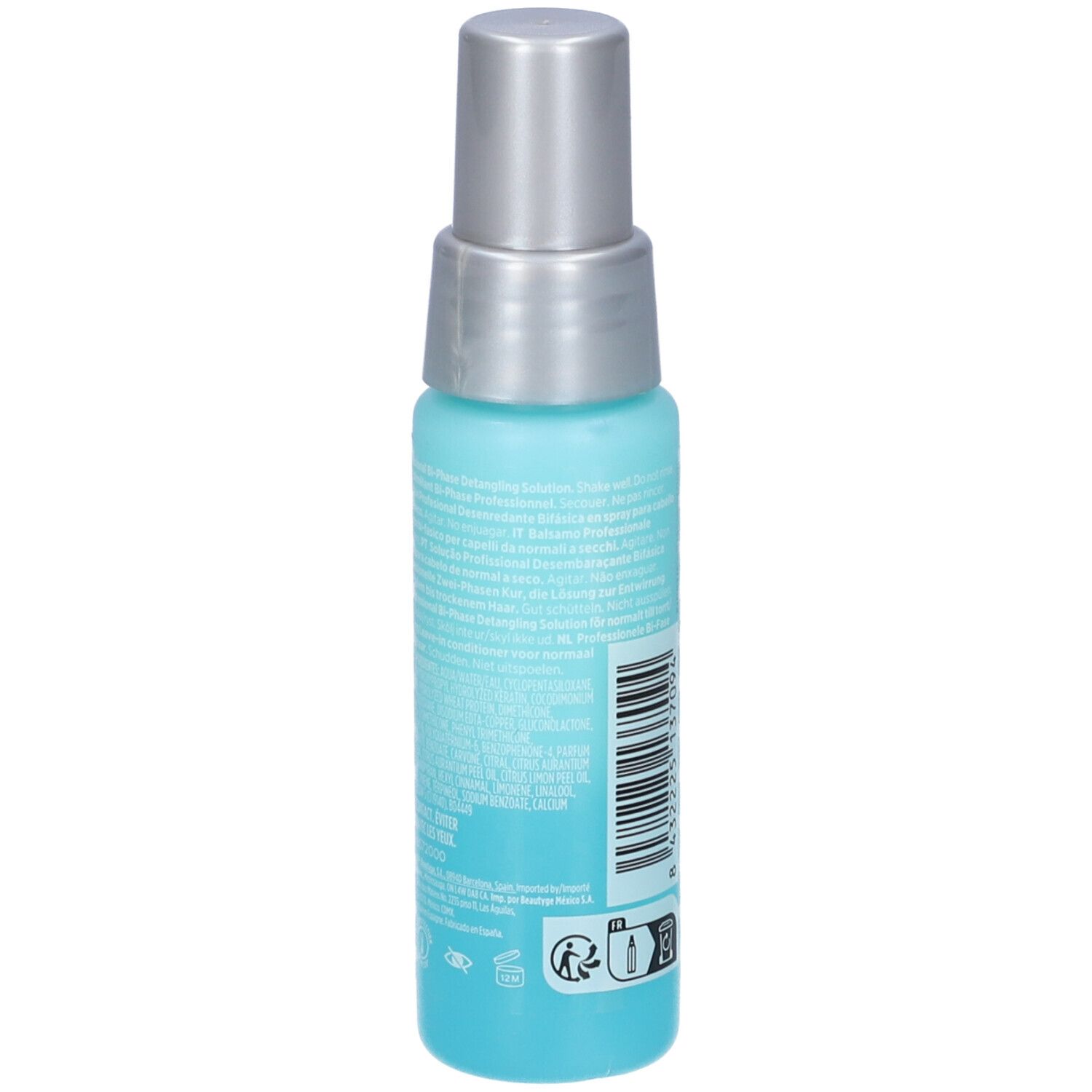 Retro del flacone spray blu-argento. Testo e simboli. Scritta: Revlon Professional, Equave. Hydro Instant Detangling Conditioner. 50ml.