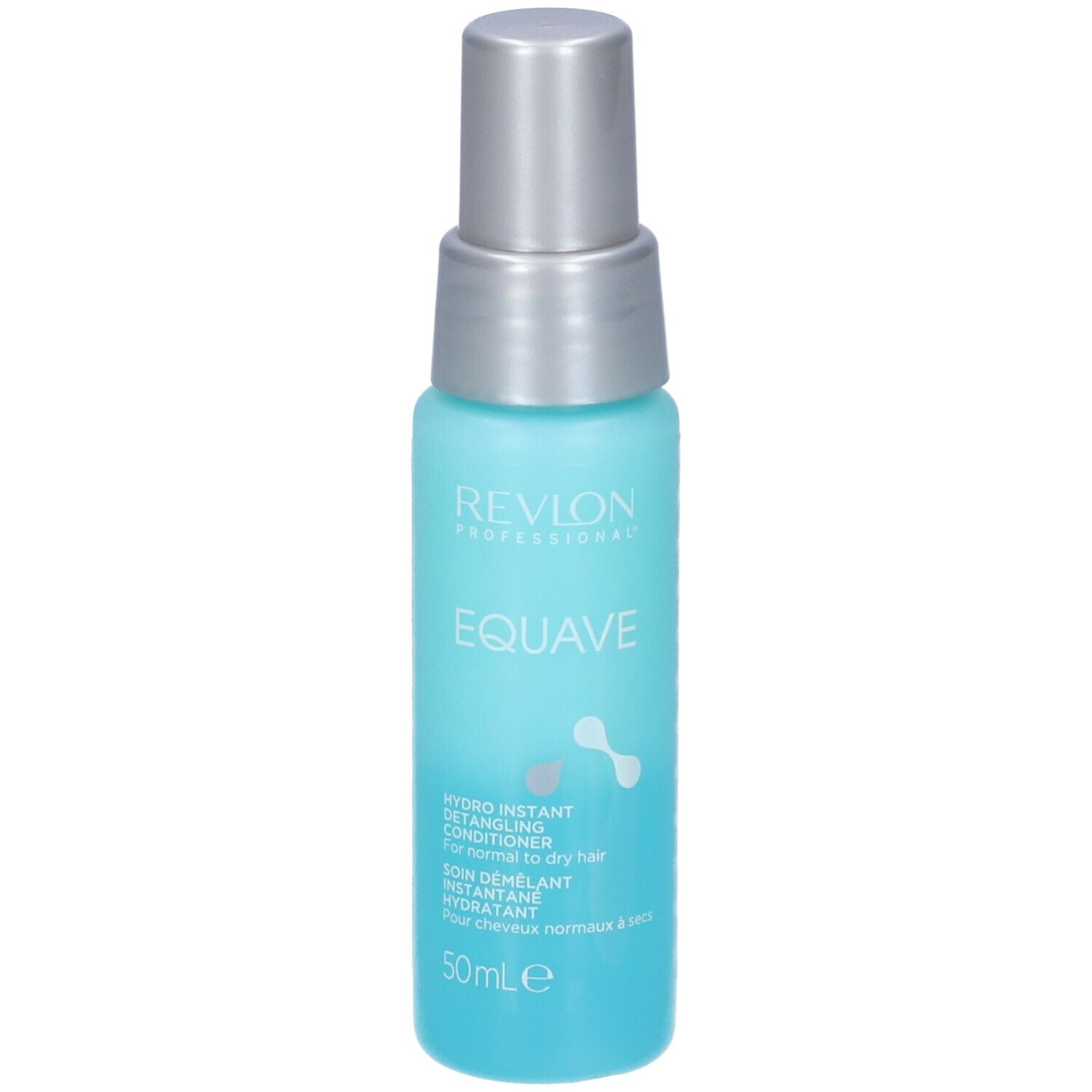 Flacone spray blu-argento. Scritta: Revlon Professional, Equave. Hydro Instant Detangling Conditioner. Per capelli normali e secchi. 50ml.