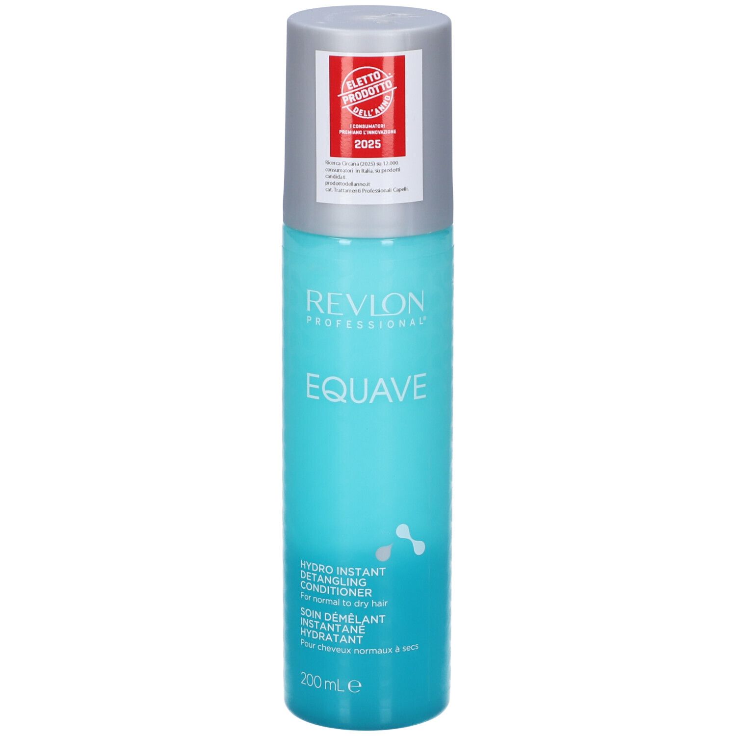 Flacone spray turchese con tappo argentato. Scritta: Revlon EQUAVE. Hydro Instant Detangling Conditioner. 200 ml.