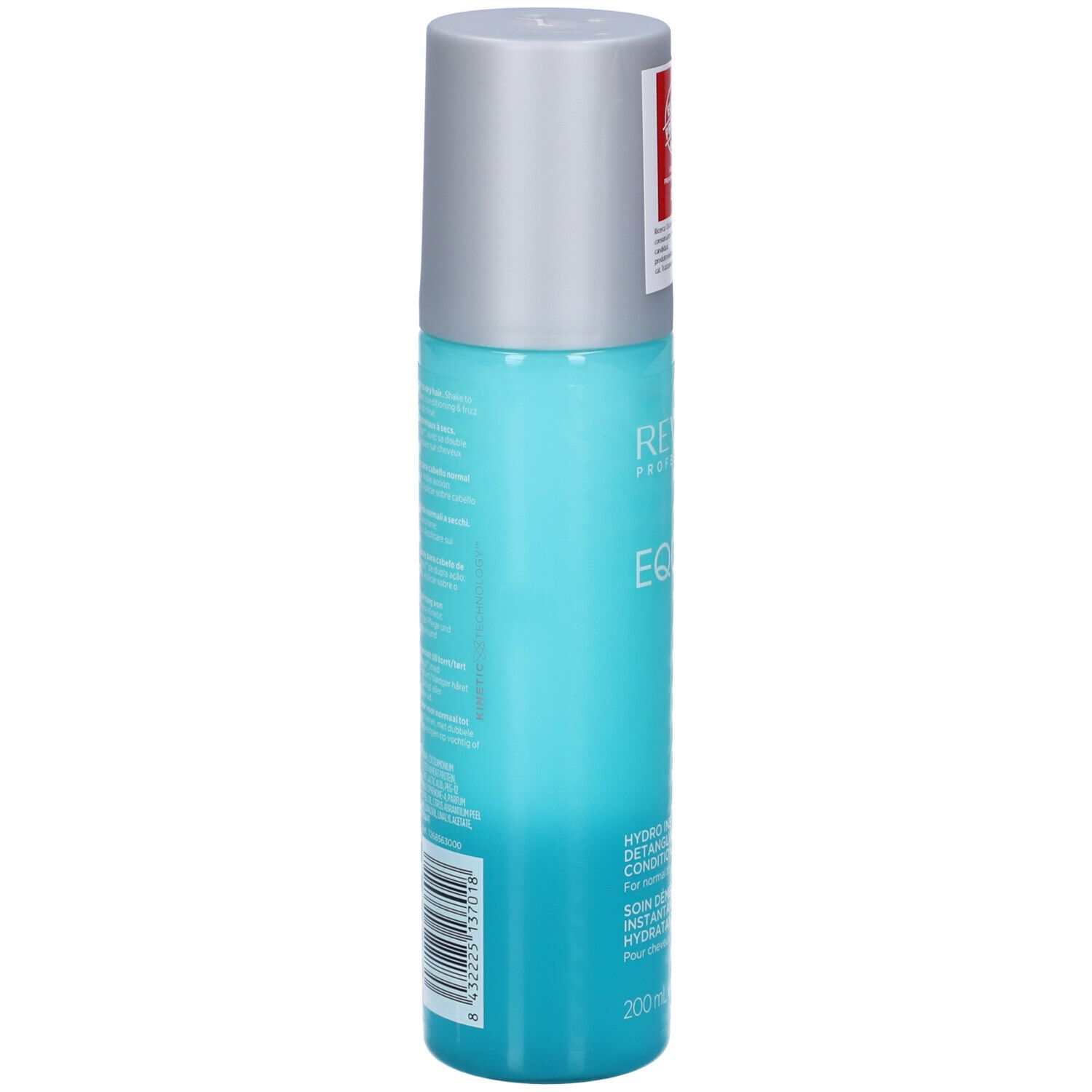 Retro di un flacone spray turchese con tappo argentato. Testo e codice a barre.