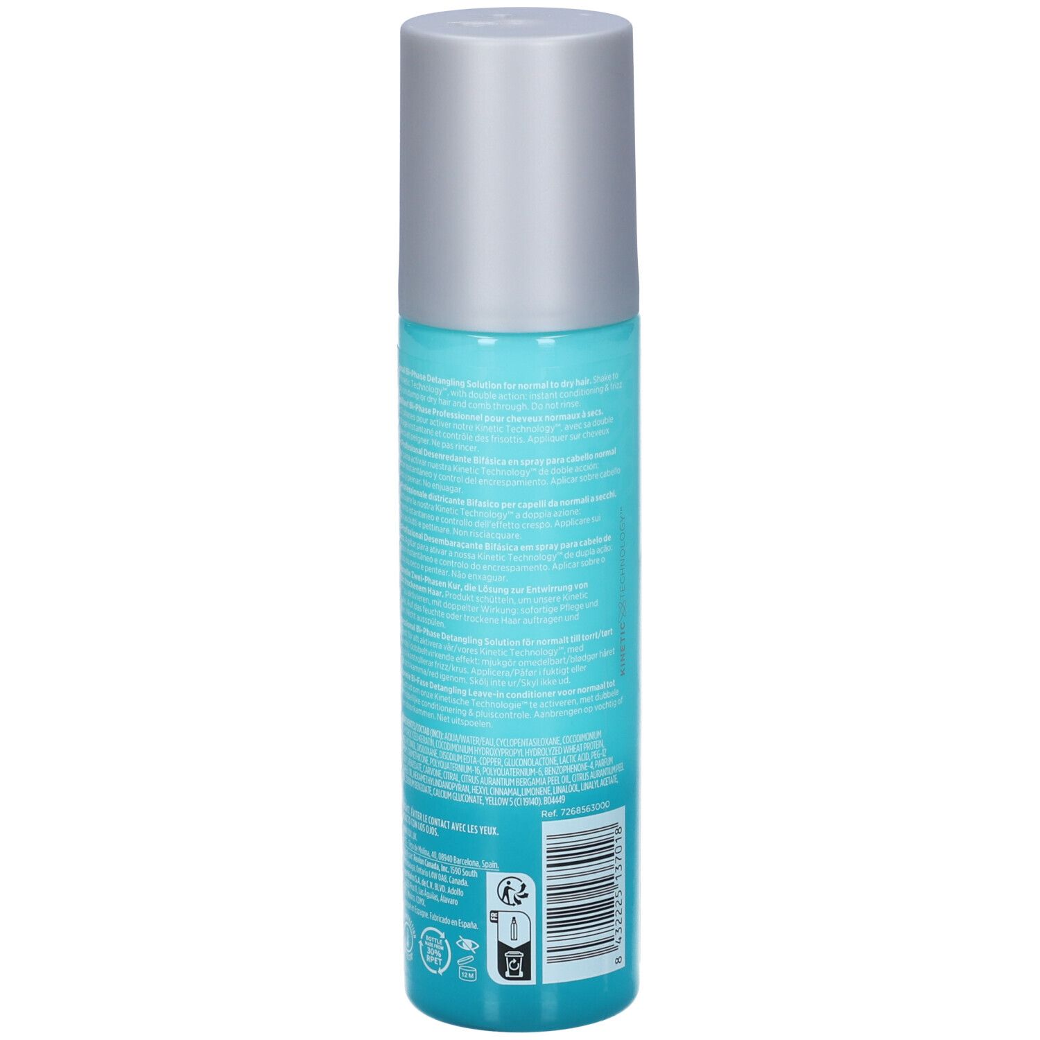 Retro di un flacone spray turchese con tappo argentato. Testo e codice a barre.