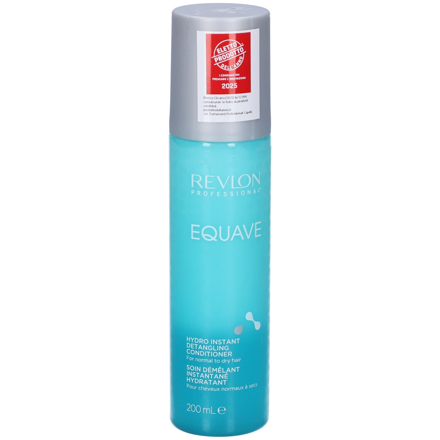 Flacone spray turchese con tappo argentato. Scritta: Revlon EQUAVE. Hydro Instant Detangling Conditioner. 200 ml.