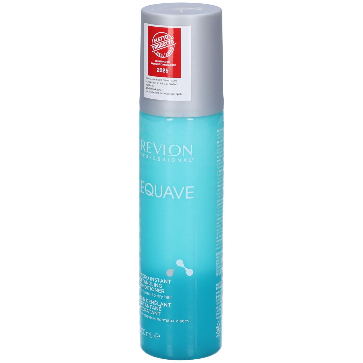 Flacone spray turchese con tappo argentato. Scritta: Revlon EQUAVE. Hydro Instant Detangling Conditioner. 200 ml.
