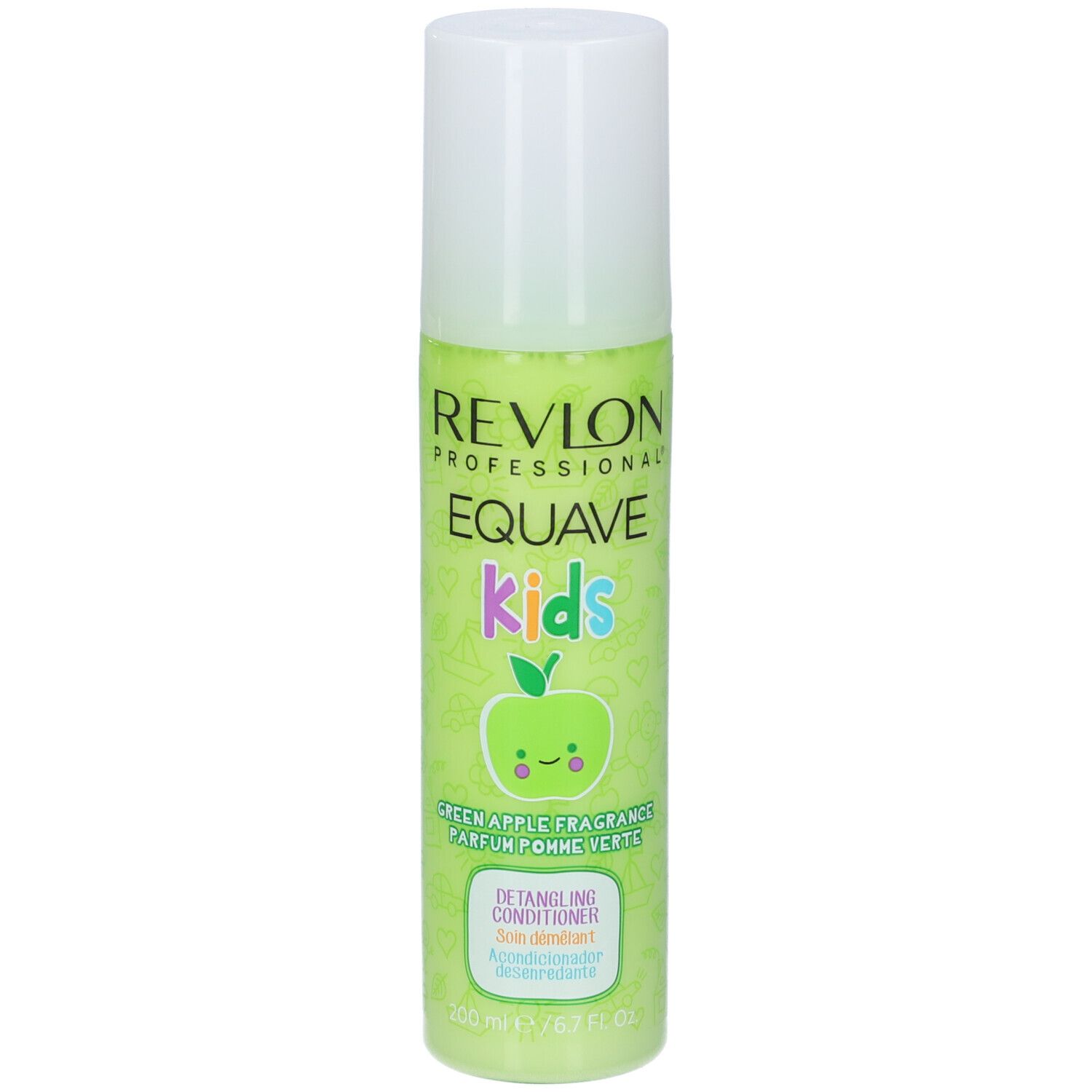 Flacone verde con tappo bianco. Scritta: Revlon Equave Kids, profumo mela verde, balsamo districante.