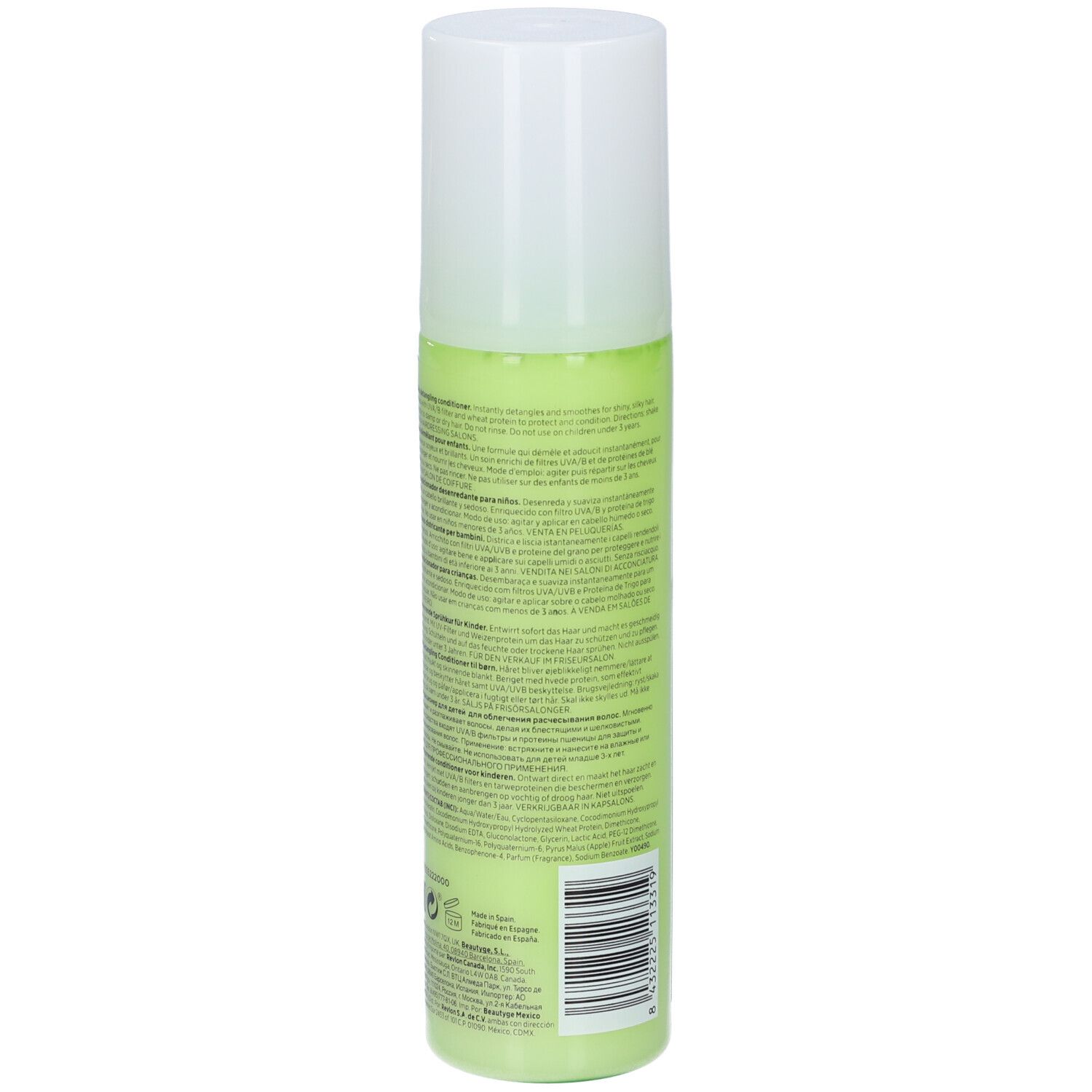 Retro di un flacone verde con tappo bianco. Testo e codice a barre. Prodotto: Revlon Equave Kids.