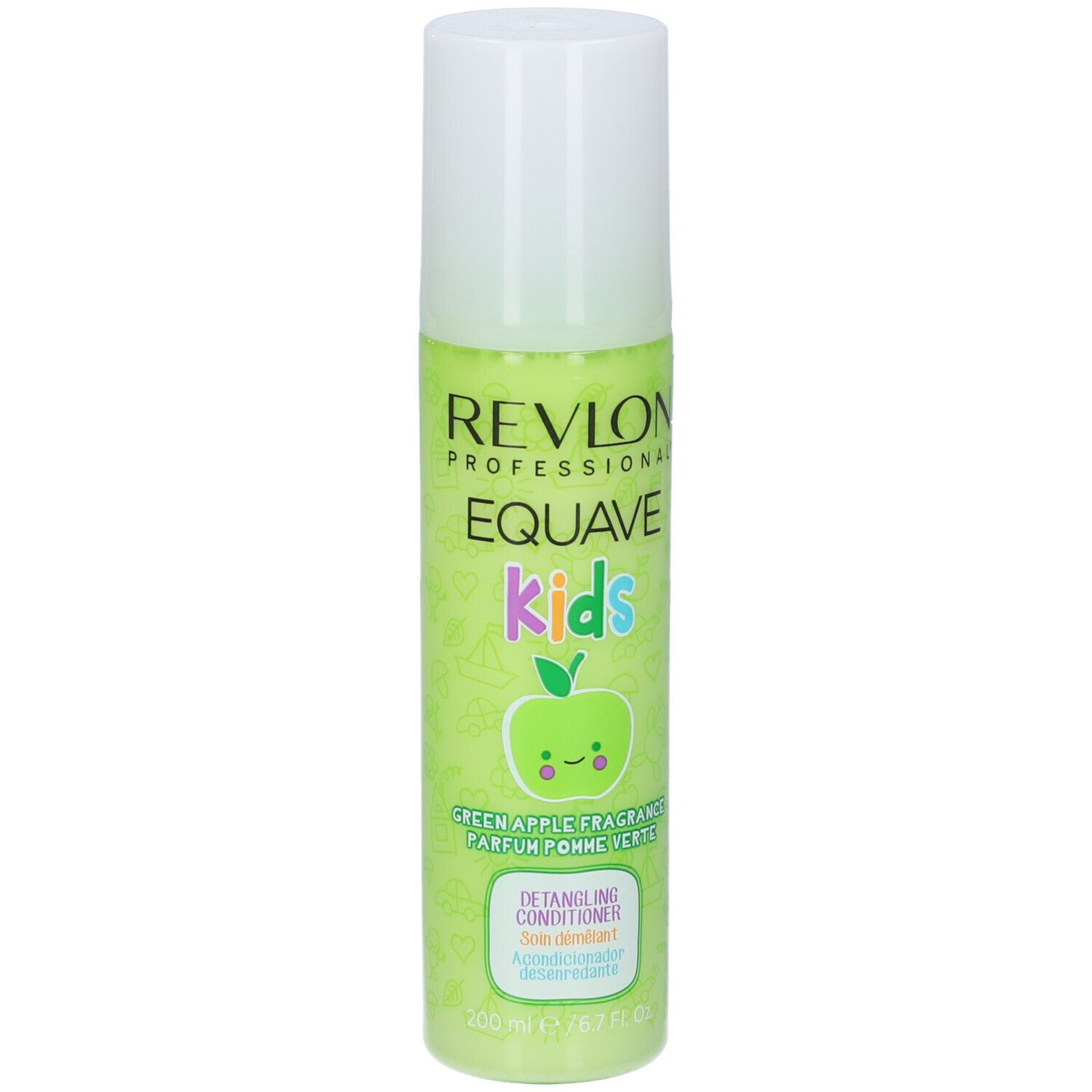 Flacone verde con tappo bianco. Scritta: Revlon Equave Kids, profumo mela verde, balsamo districante.