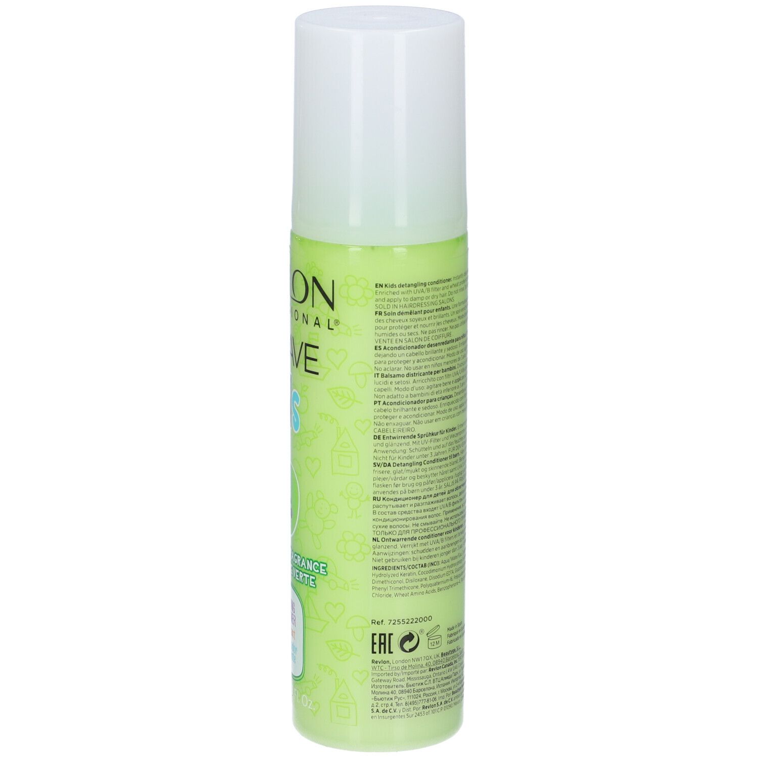 Retro di un flacone verde con tappo bianco. Testo e codice a barre. Prodotto: Revlon Equave Kids.