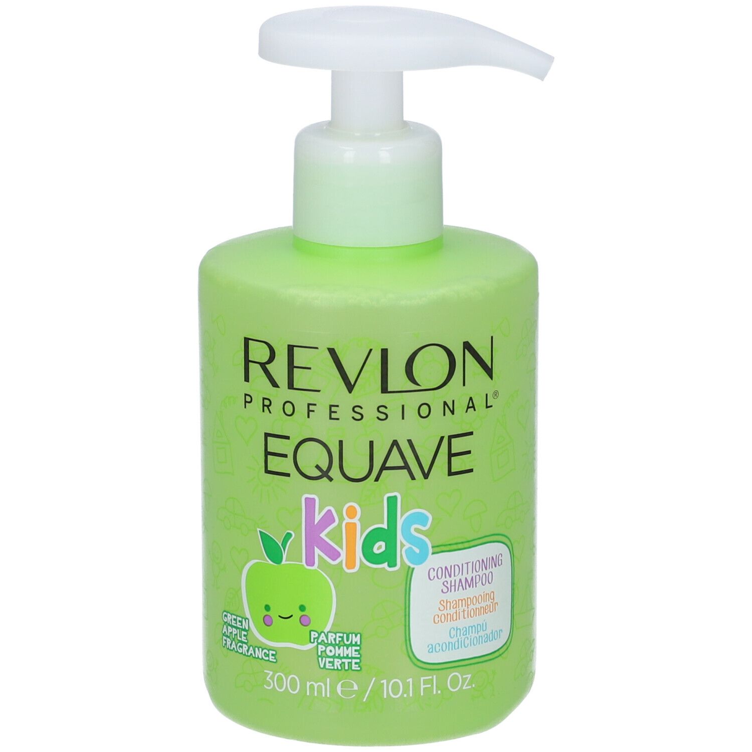 Flacone di shampoo verde con dosatore bianco. Scritta: Revlon Equave Kids, profumo mela. 300 ml.