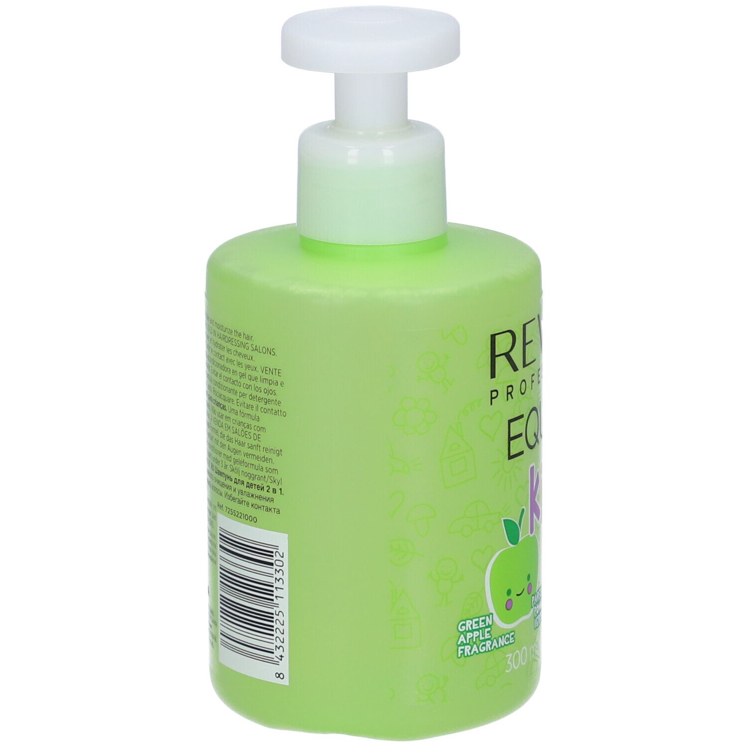 Flacone di shampoo verde con dosatore bianco. Retro con testo e codice a barre. Revlon Equave Kids.