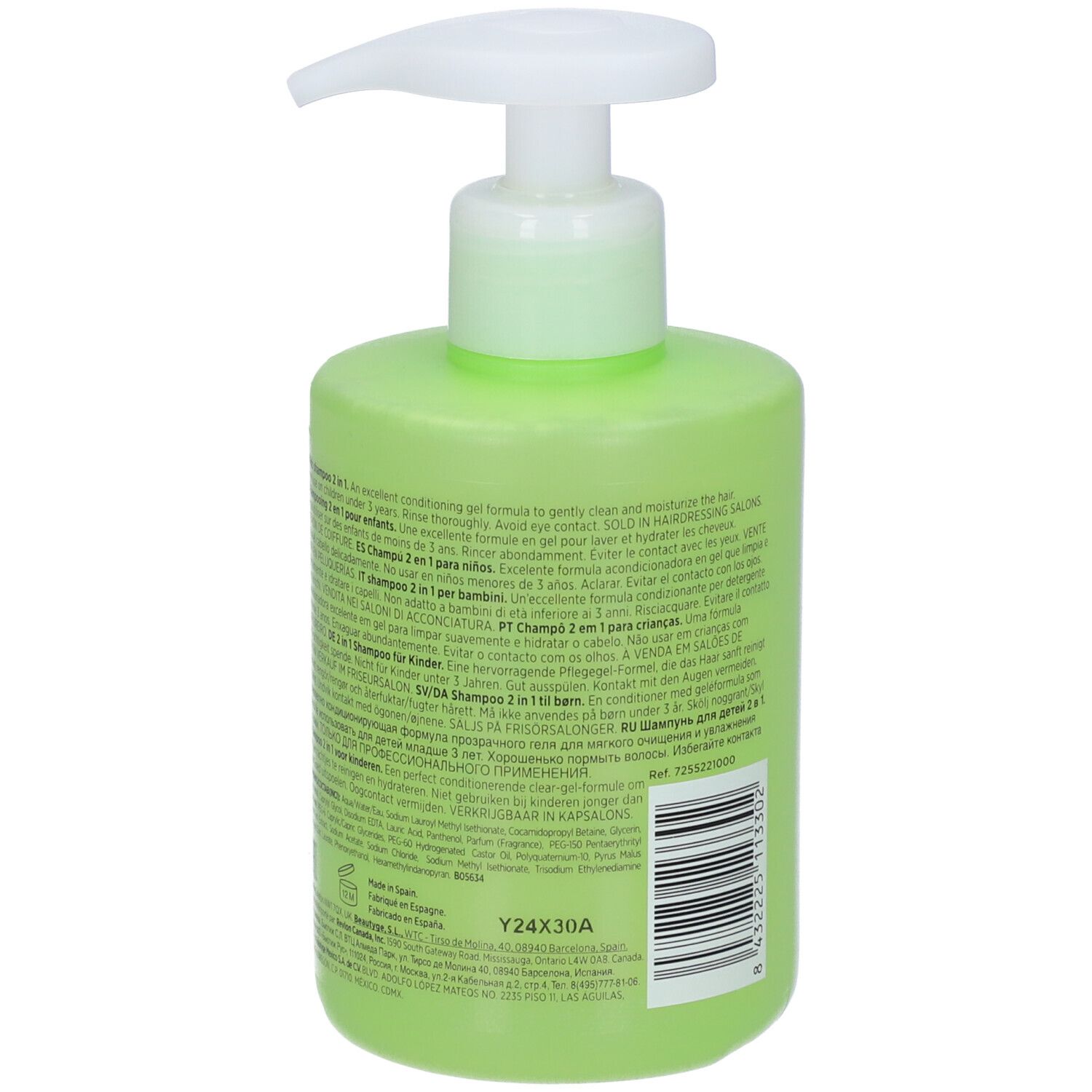 Flacone di shampoo verde con dosatore bianco. Retro con testo. Revlon Equave Kids.