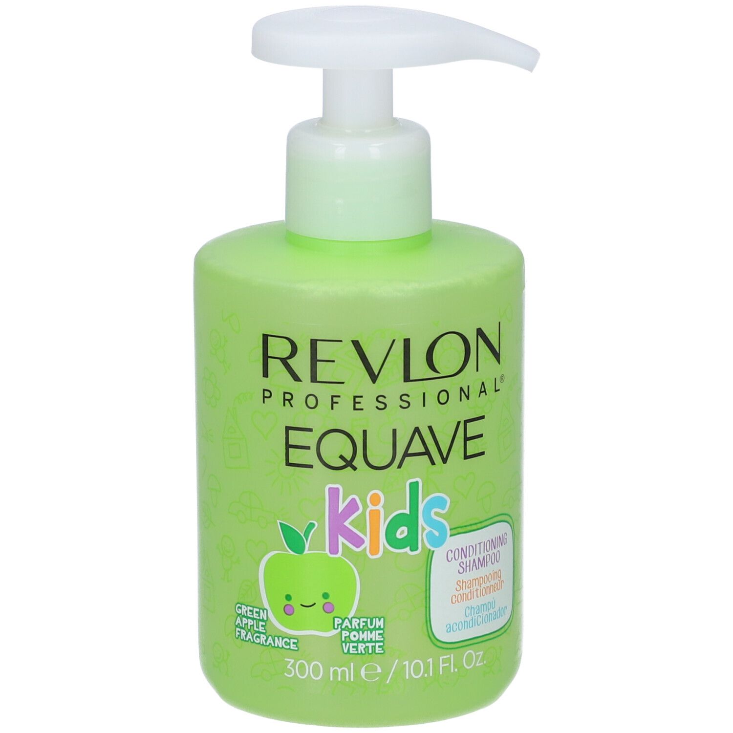 Flacone di shampoo verde con dosatore bianco. Scritta: Revlon Equave Kids, profumo mela. 300 ml.