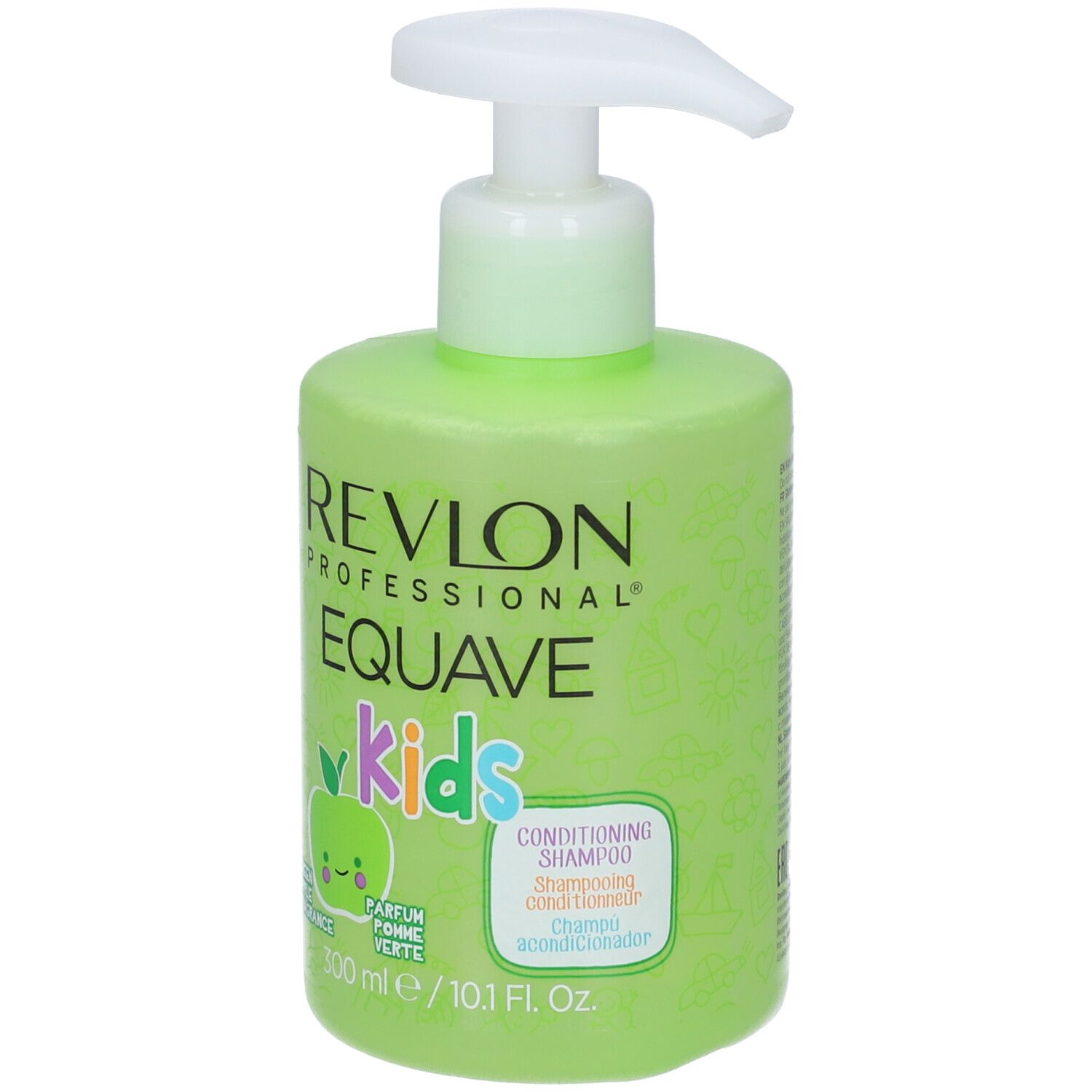 Flacone di shampoo verde con dosatore bianco. Scritta: Revlon Equave Kids, profumo mela. 300 ml.