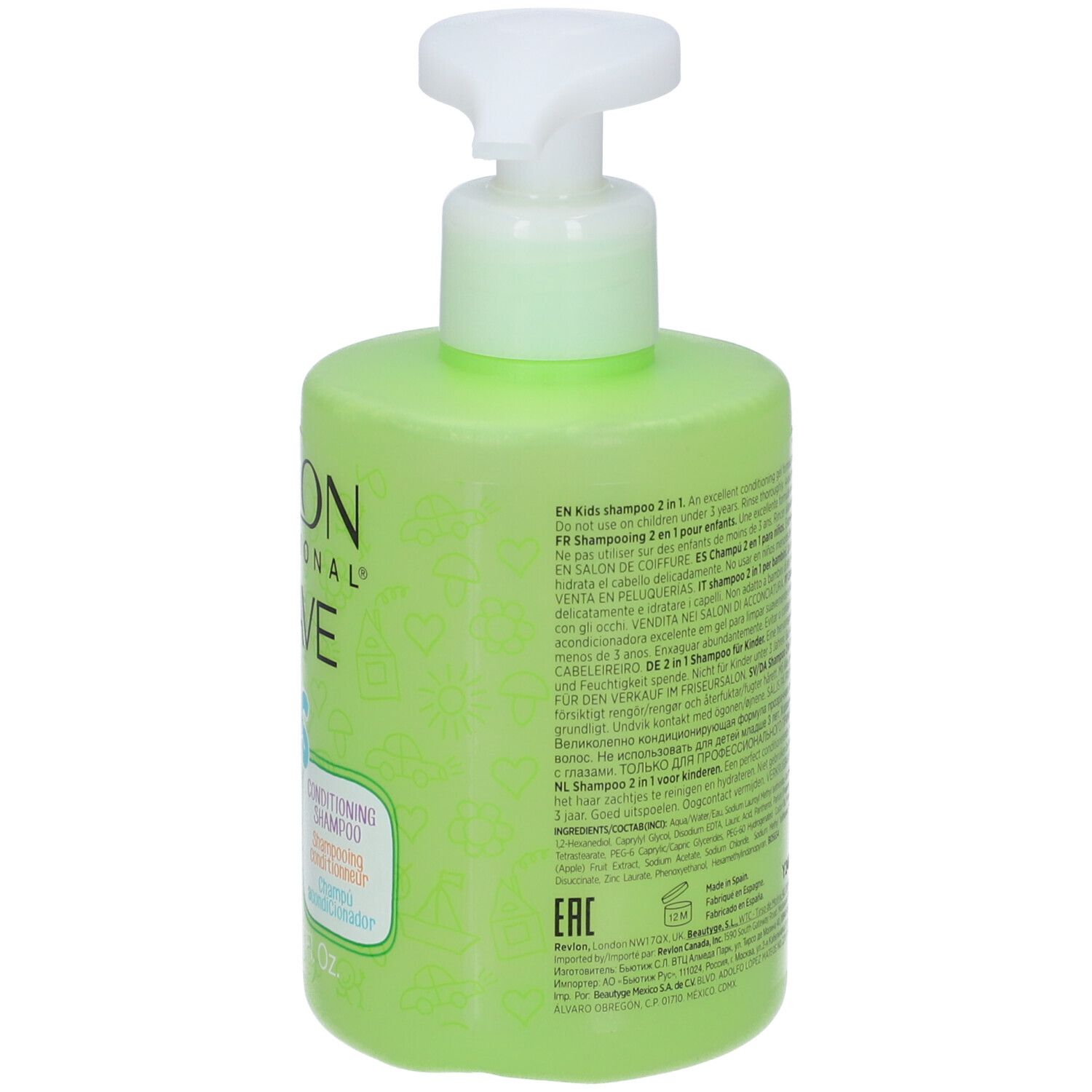 Flacone di shampoo verde con dosatore bianco. Retro con testo. Revlon Equave Kids.