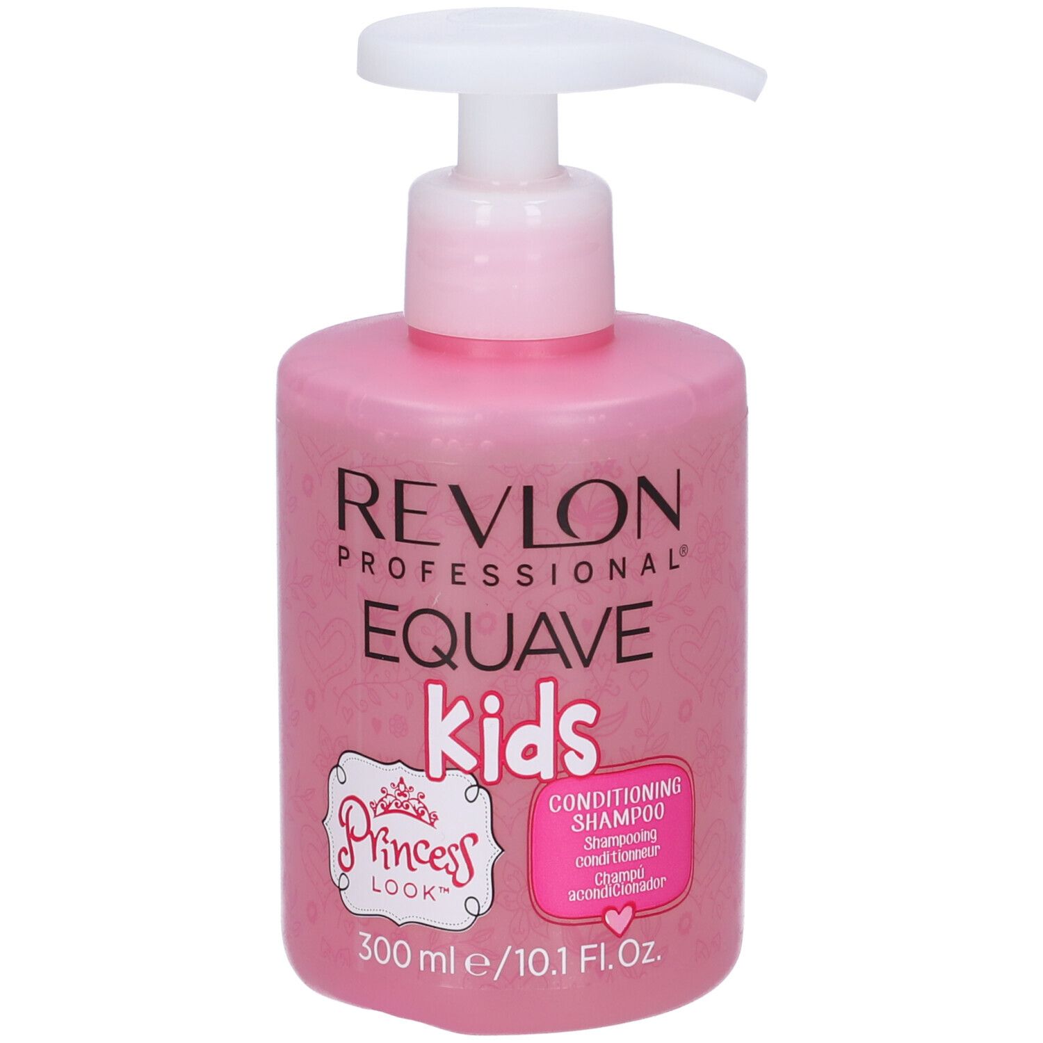 Flacone rosa di shampoo con dosatore. Scritta: Revlon Equave Kids Princess Look. 300 ml.