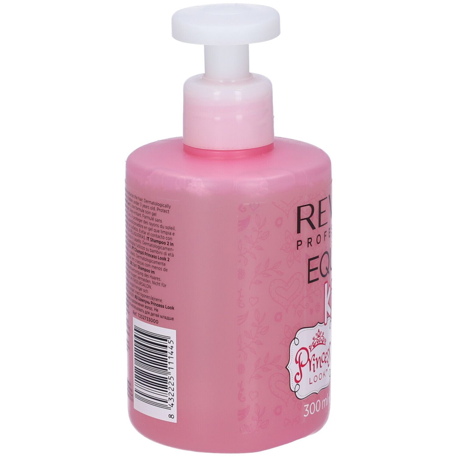 Retro di un flacone di shampoo rosa con dosatore. Testo e codice a barre.