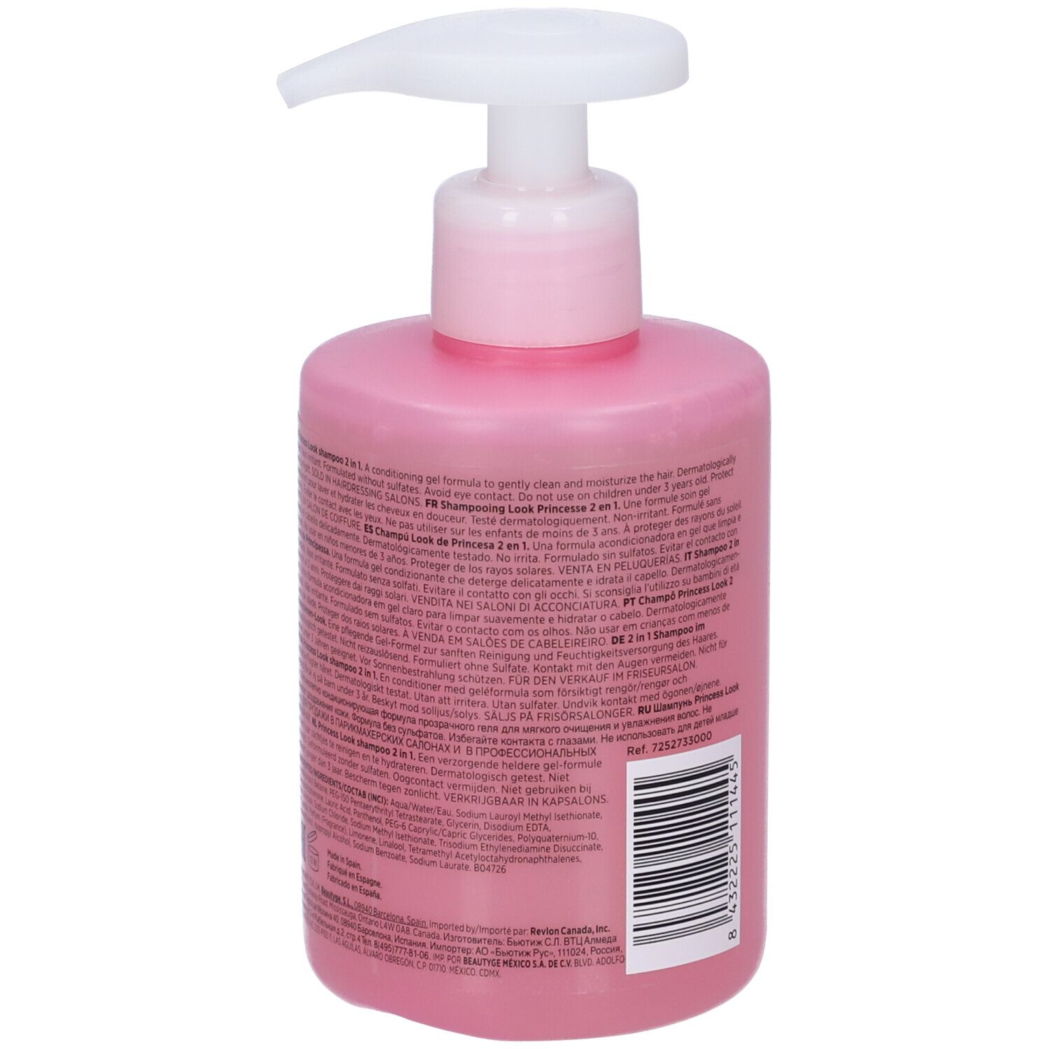 Vista posteriore di un flacone di shampoo rosa con dosatore. Testo multilingue.