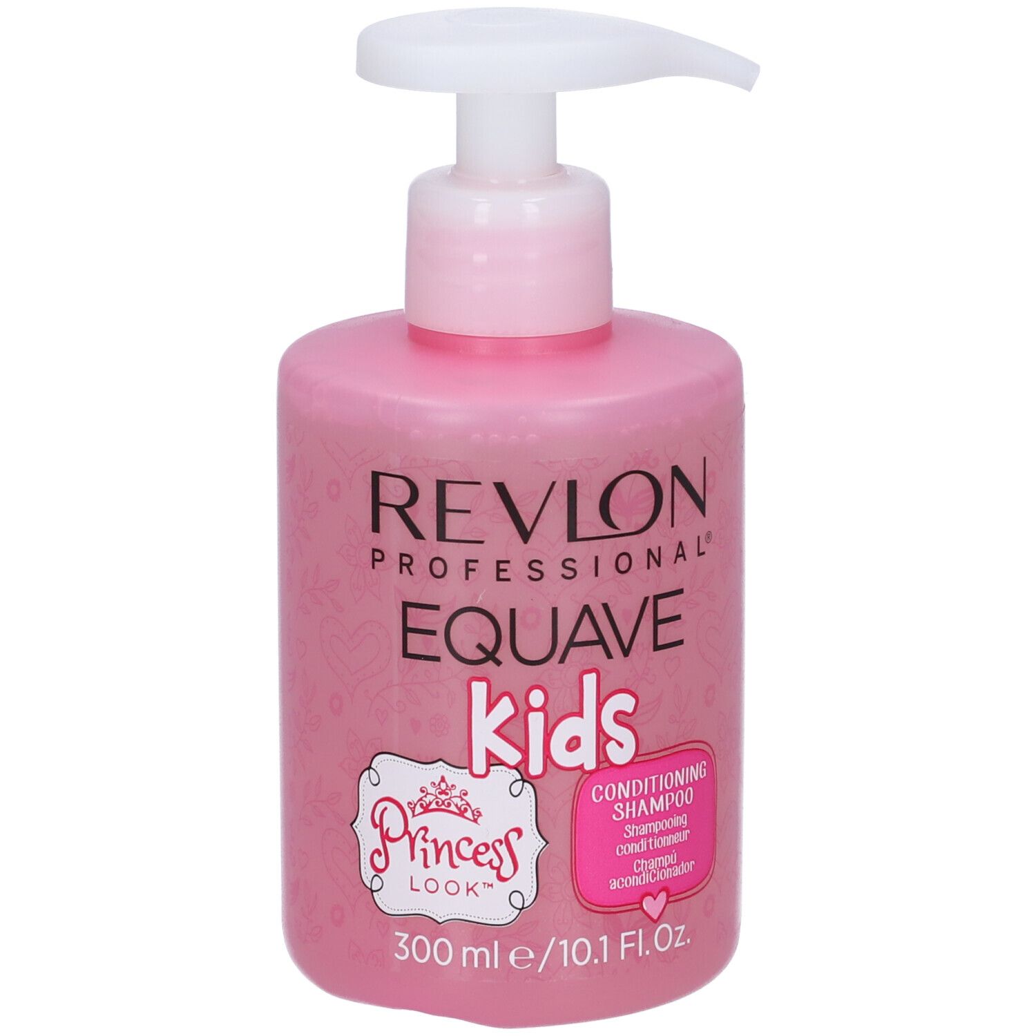 Flacone rosa di shampoo con dosatore. Scritta: Revlon Equave Kids Princess Look. 300 ml.