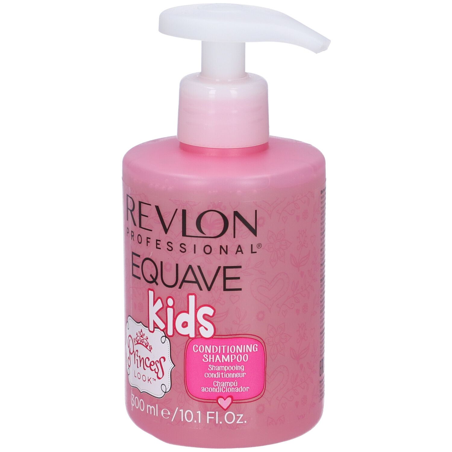 Flacone rosa di shampoo con dosatore. Scritta: Revlon Equave Kids Princess Look. 300 ml.
