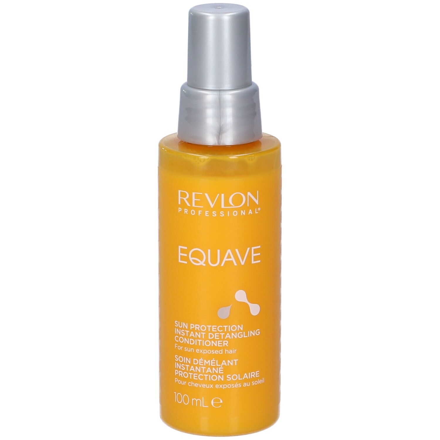 Flacone spray giallo con tappo argentato. Scritta: Revlon, EQUAVE, Sun Protection Instant Detangling Conditioner.
