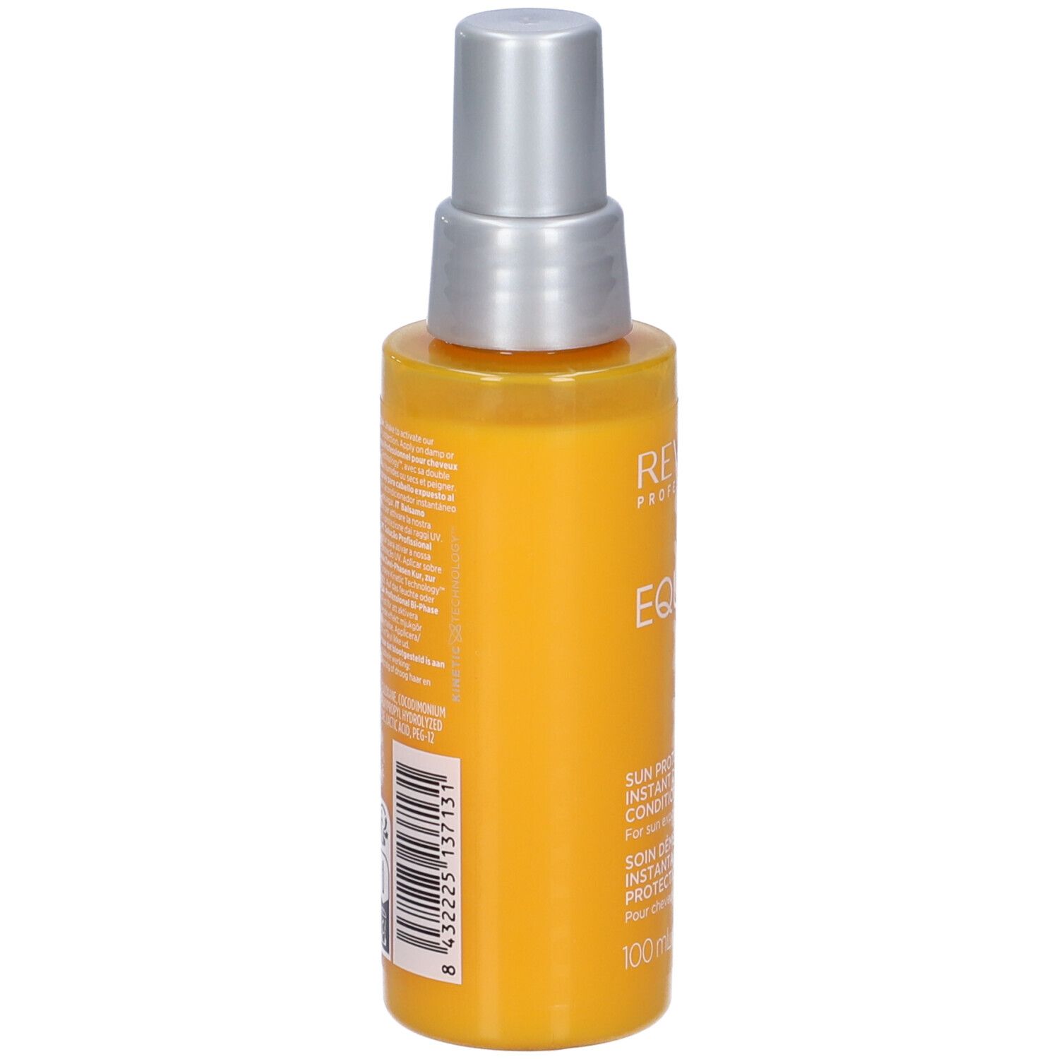 Retro del flacone spray giallo. Testo: ingredienti, avvertenze, codice a barre. Marchio: Revlon EQUAVE.