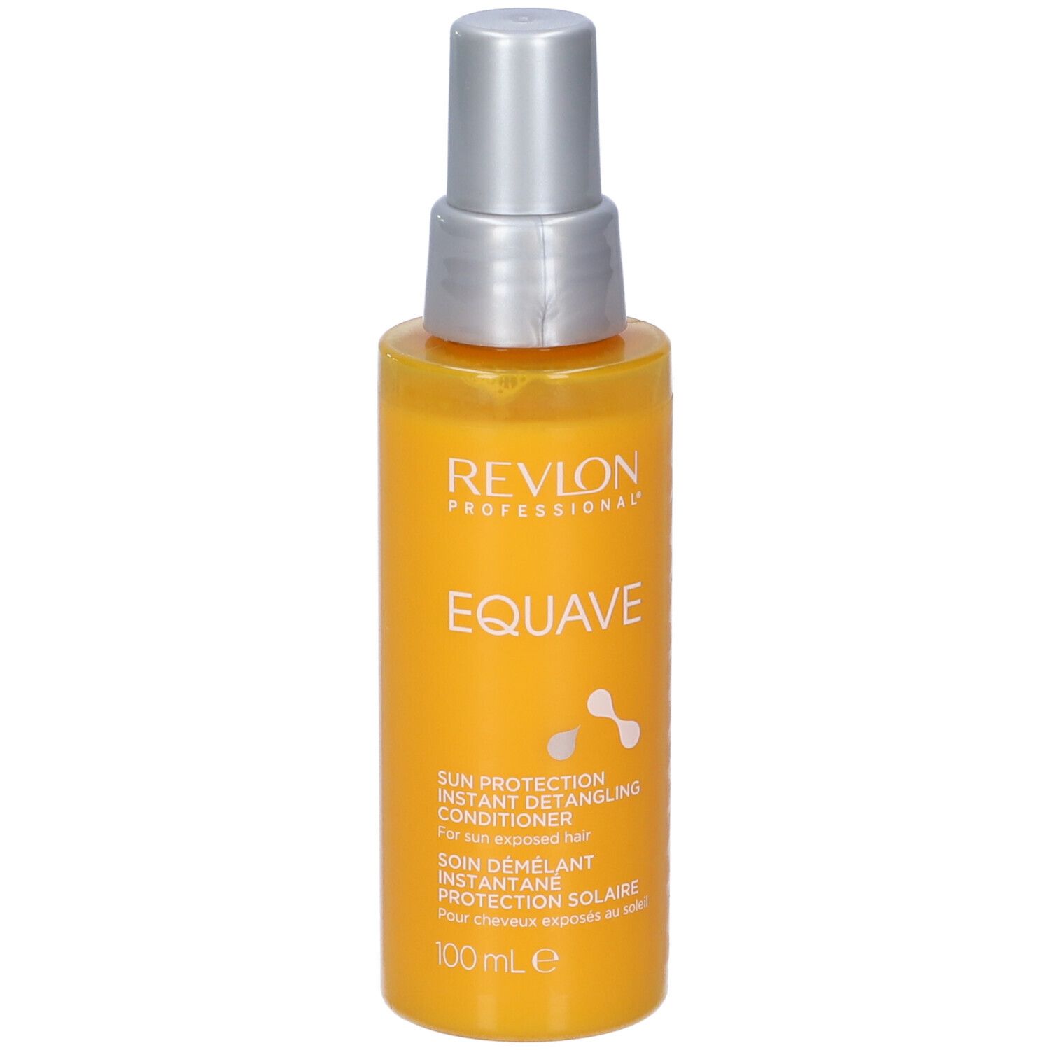 Flacone spray giallo con tappo argentato. Scritta: Revlon, EQUAVE, Sun Protection Instant Detangling Conditioner.