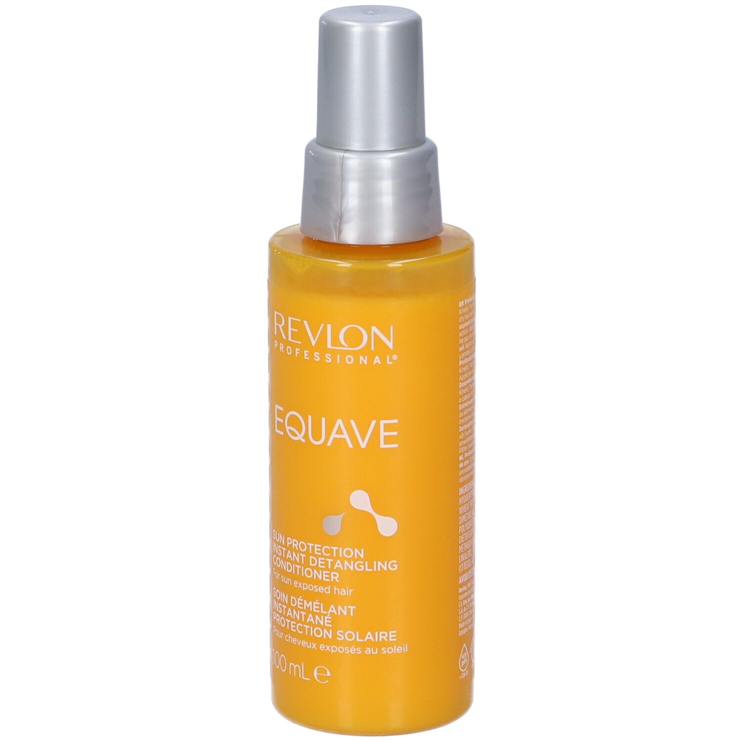 Flacone spray giallo con tappo argentato. Scritta: Revlon, EQUAVE, Sun Protection Instant Detangling Conditioner.