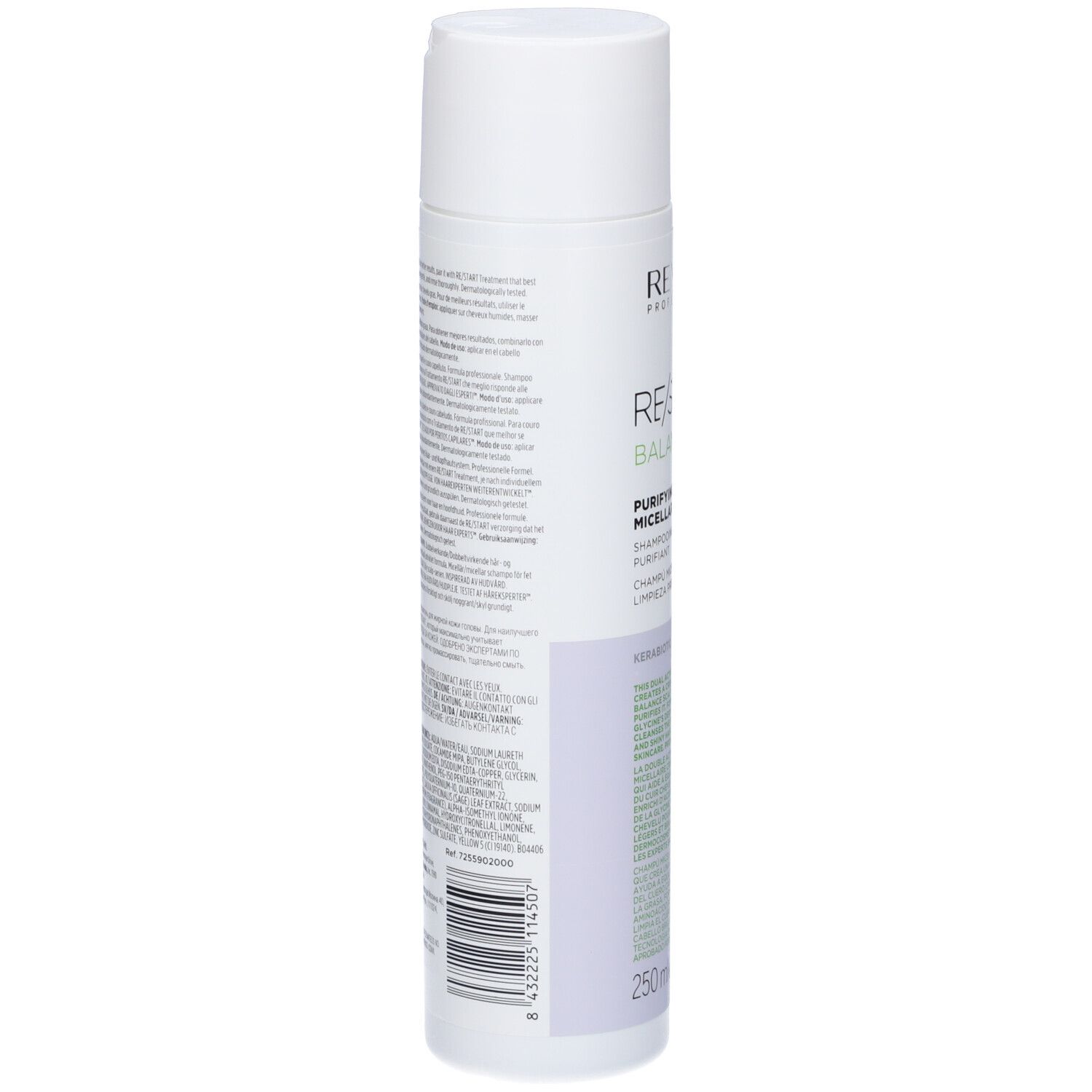 Flacone bianco con testo. Testo e codice a barre sul retro. 250 ml/8.4 Fl.oz.