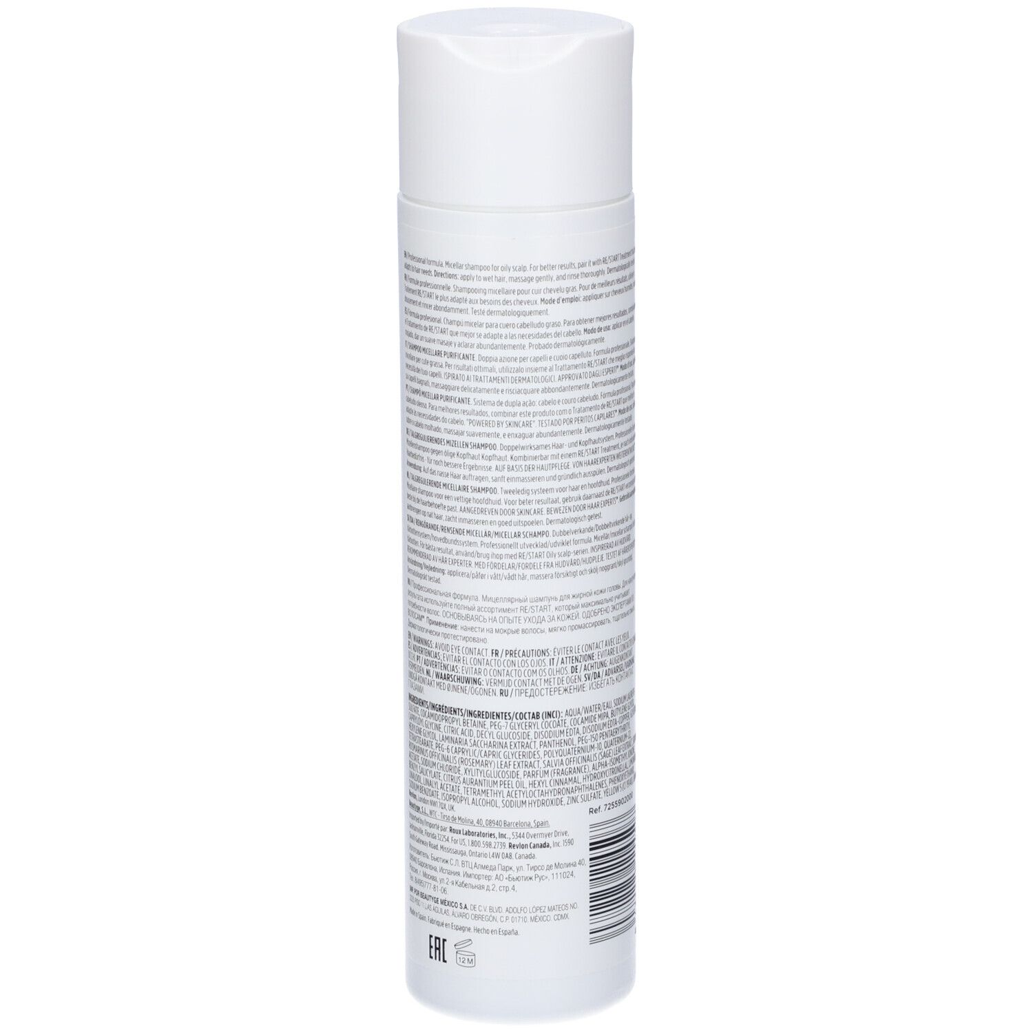 Flacone bianco con testo. Retro con testo e codice a barre. 250 ml/8.4 Fl.oz.