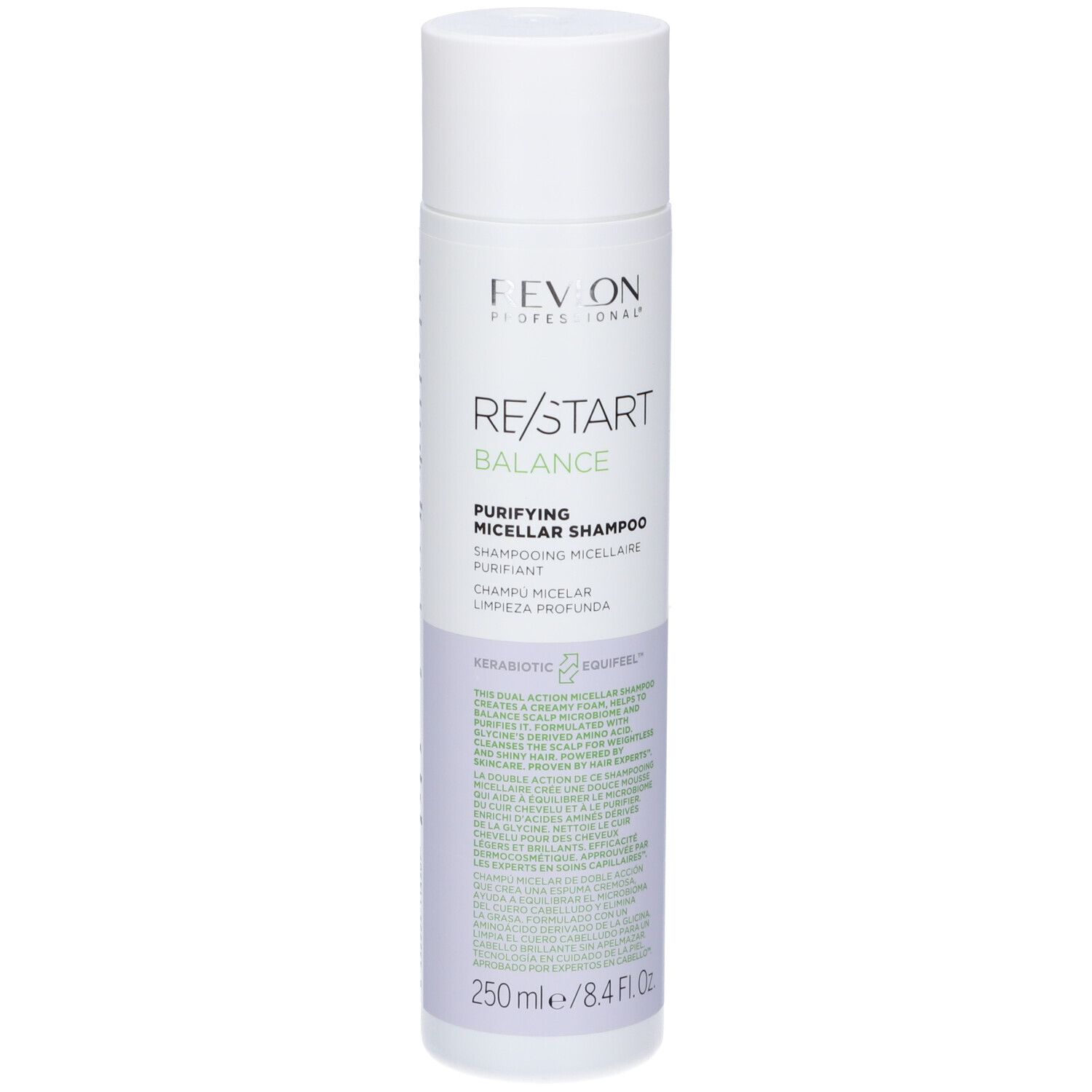 Flacone bianco-lilla. Scritta: Revlon Professional, Re/Start Balance, Purifying Micellar Shampoo. 250 ml/8.4 Fl.oz.