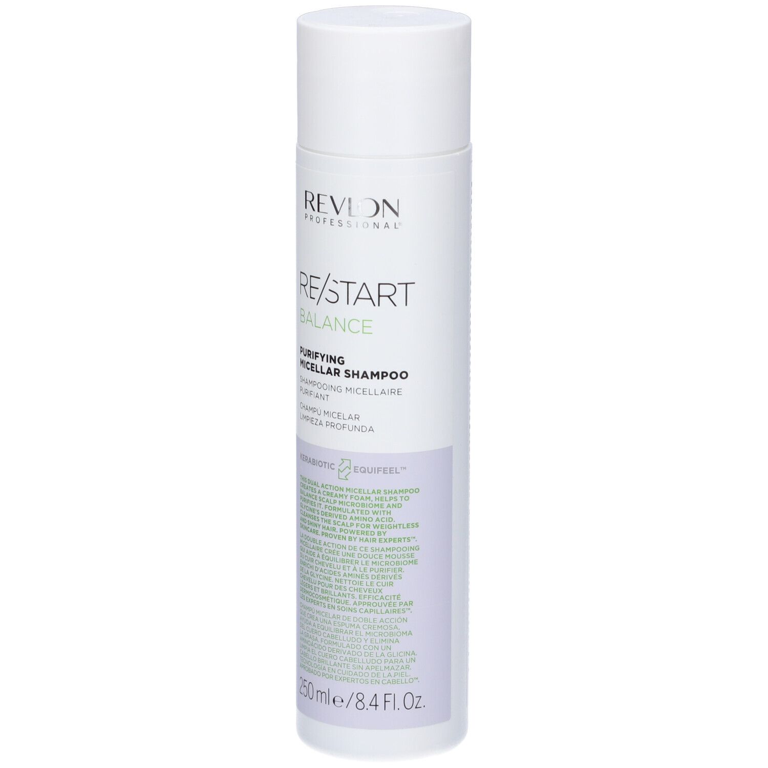 Flacone bianco-lilla. Scritta: Revlon Professional, Re/Start Balance, Purifying Micellar Shampoo. 250 ml/8.4 Fl.oz.