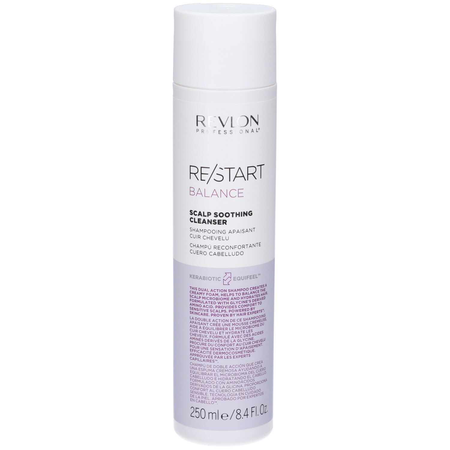 Flacone bianco-lilla. Revlon Re-Start Balance Scalp Soothing Cleanser Shampoo. Testo: Shampooing apaisant cuir chevelu. 250 ml.