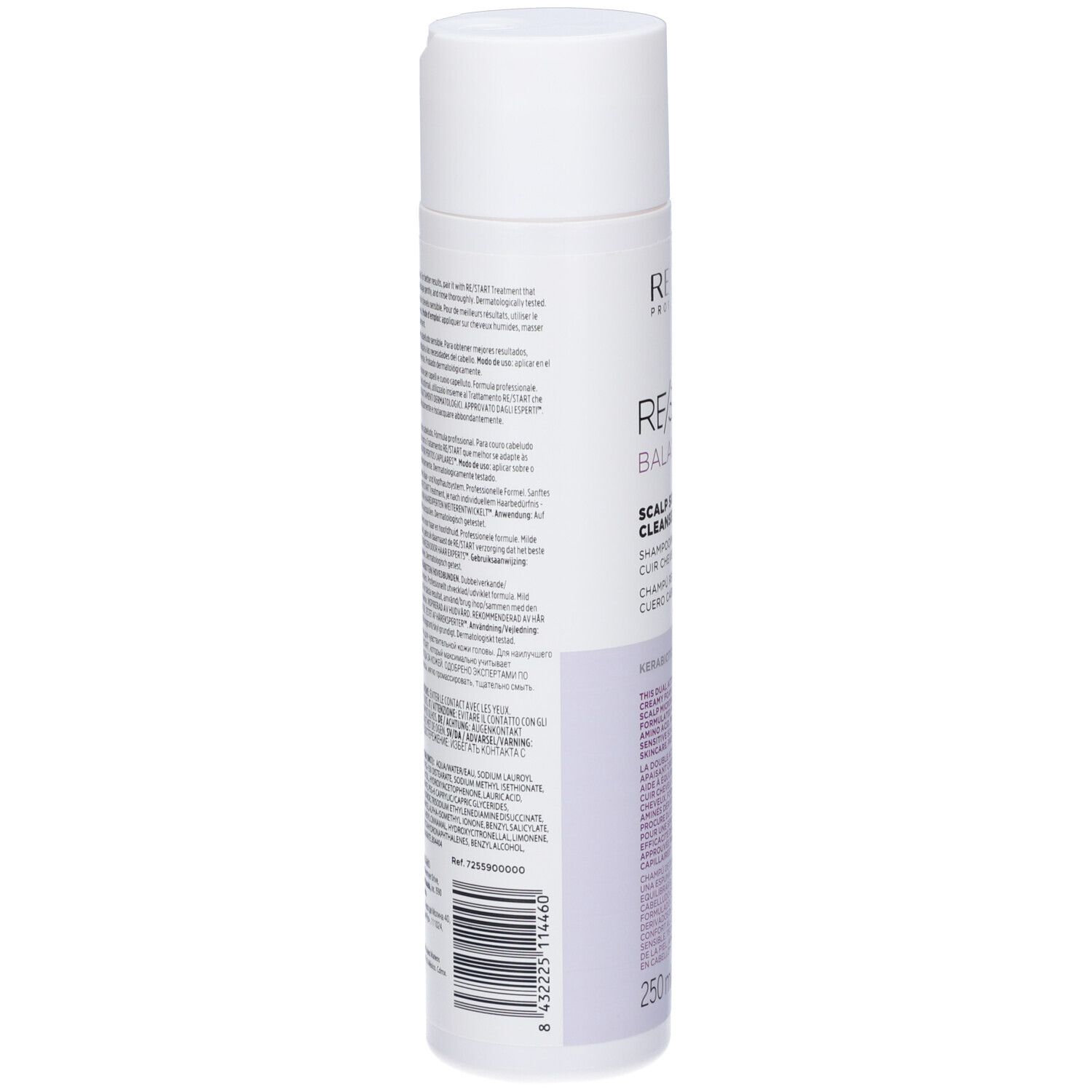 Flacone bianco, retro. Testo. Revlon Re-Start Balance Scalp Soothing Cleanser Shampoo. Codice a barre. 250 ml. Ingredienti.