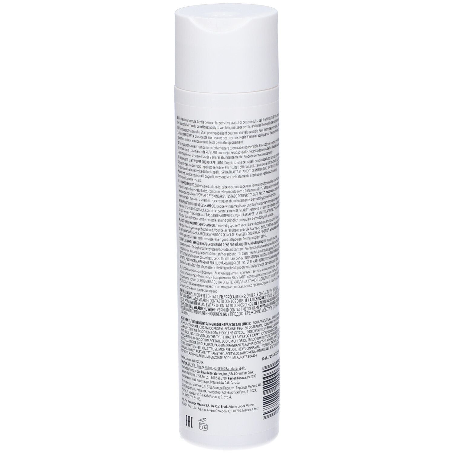 Flacone bianco, retro. Testo. Revlon Re-Start Balance Scalp Soothing Cleanser Shampoo. Ingredienti. Codice a barre. 250 ml.