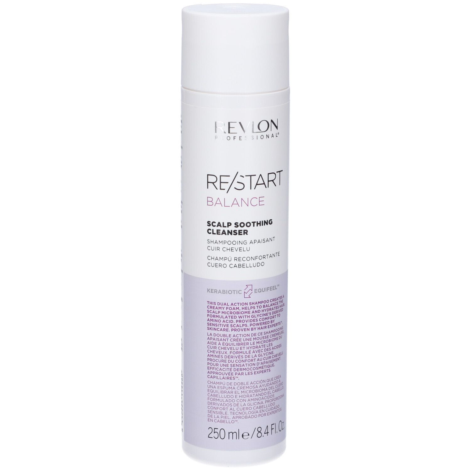 Flacone bianco-lilla. Revlon Re-Start Balance Scalp Soothing Cleanser Shampoo. Testo: Shampooing apaisant cuir chevelu. 250 ml.