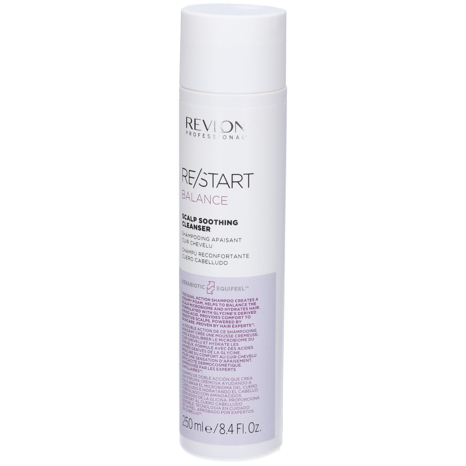 Flacone bianco-lilla. Revlon Re-Start Balance Scalp Soothing Cleanser Shampoo. Testo: Shampooing apaisant cuir chevelu. 250 ml.