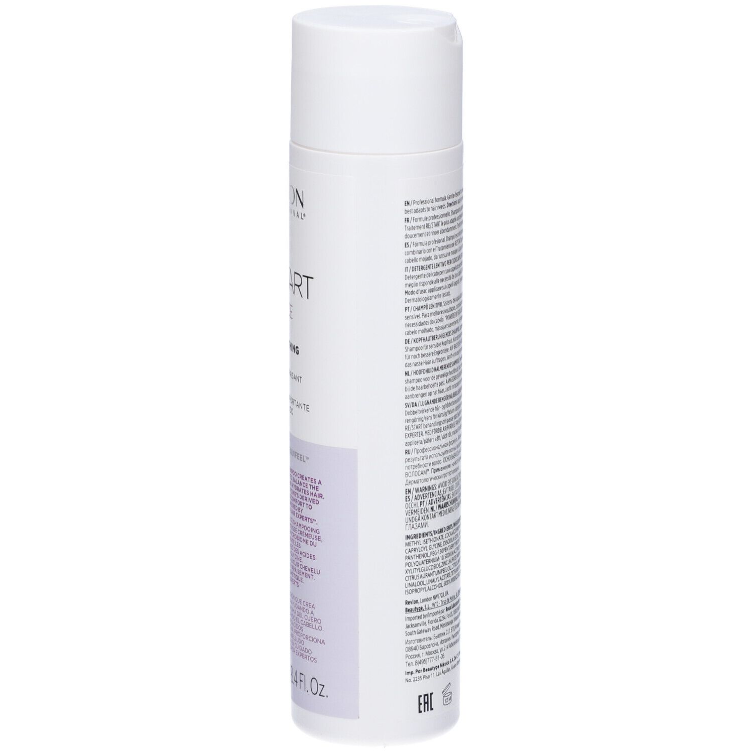 Flacone bianco, retro. Testo. Revlon Re-Start Balance Scalp Soothing Cleanser Shampoo. Ingredienti. 250 ml.