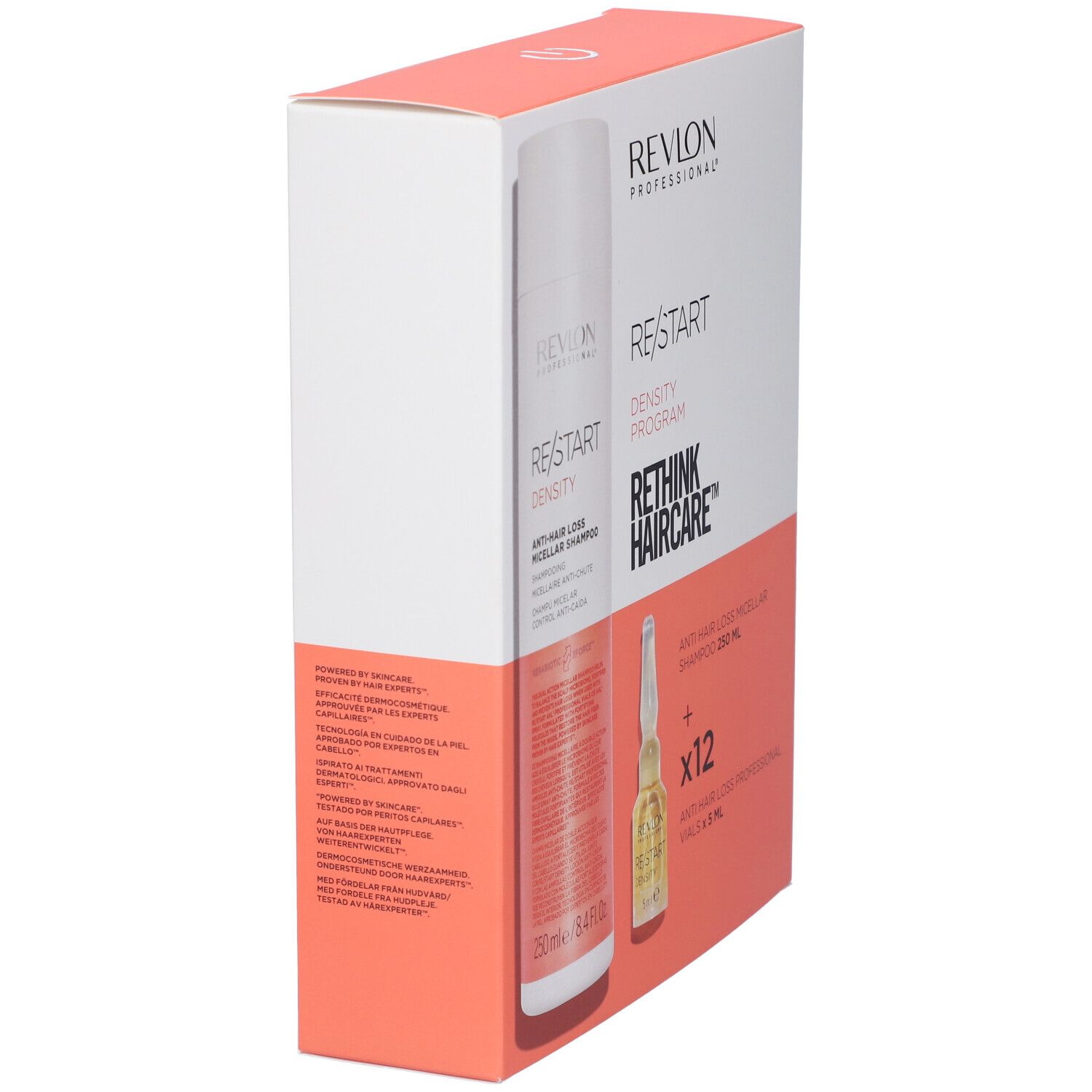 Confezione RE/START DENSITY, Revlon Professional. Contiene shampoo e fiale. Scritta: Rethink Haircare. Confezione rettangolare, bianca e corallo.