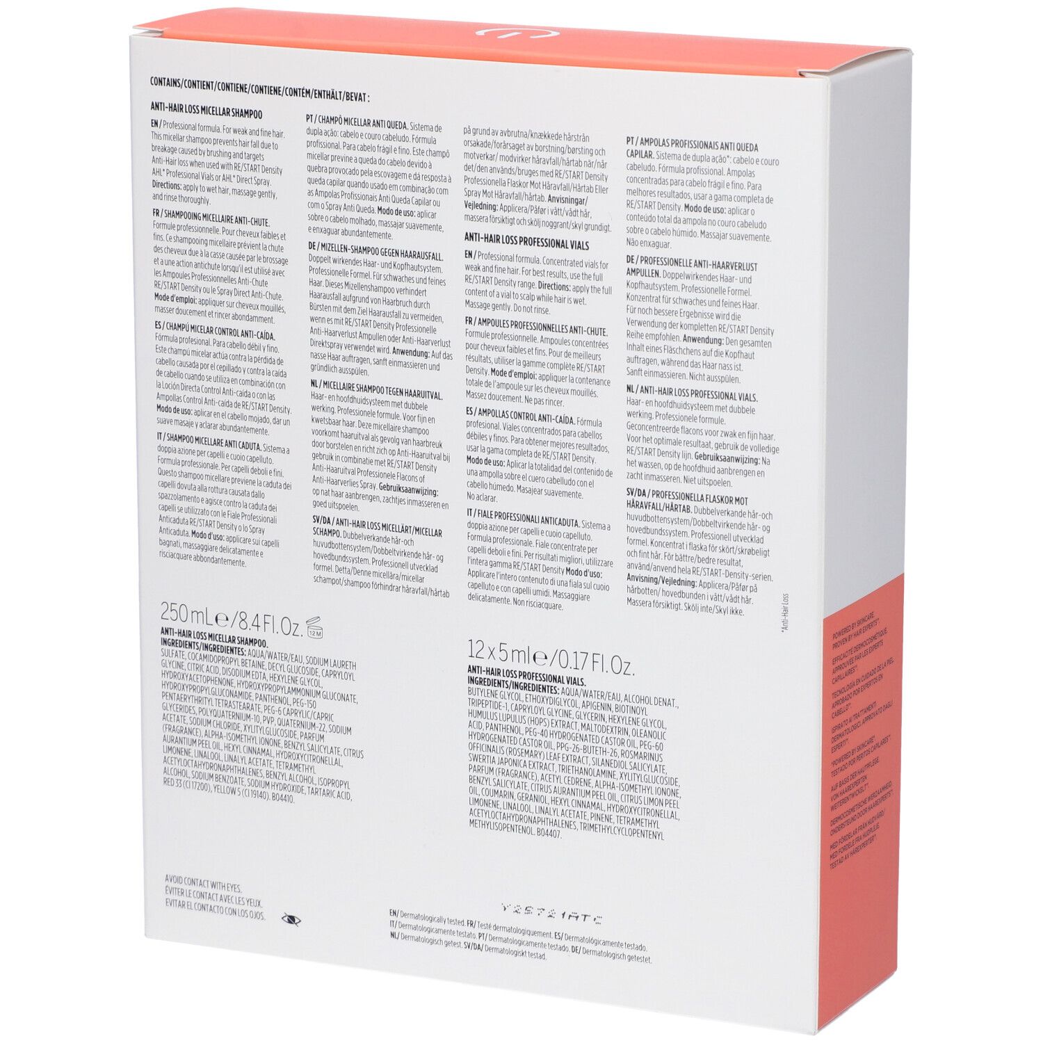 Retro della confezione RE/START DENSITY. Testo multilingue. Contiene shampoo e fiale. Scritte: 250ml/8.4 fl.oz. e 12x5ml/0.17 fl.oz.