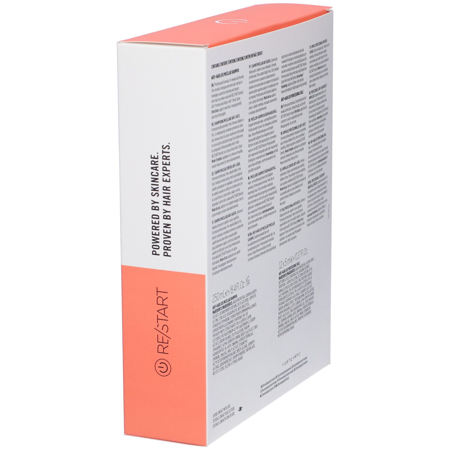 Confezione RE/START DENSITY, Revlon Professional. Confezione rettangolare, bianca e corallo. Scritta: RE/START, Powered by Skincare, Proven by Hair Experts.