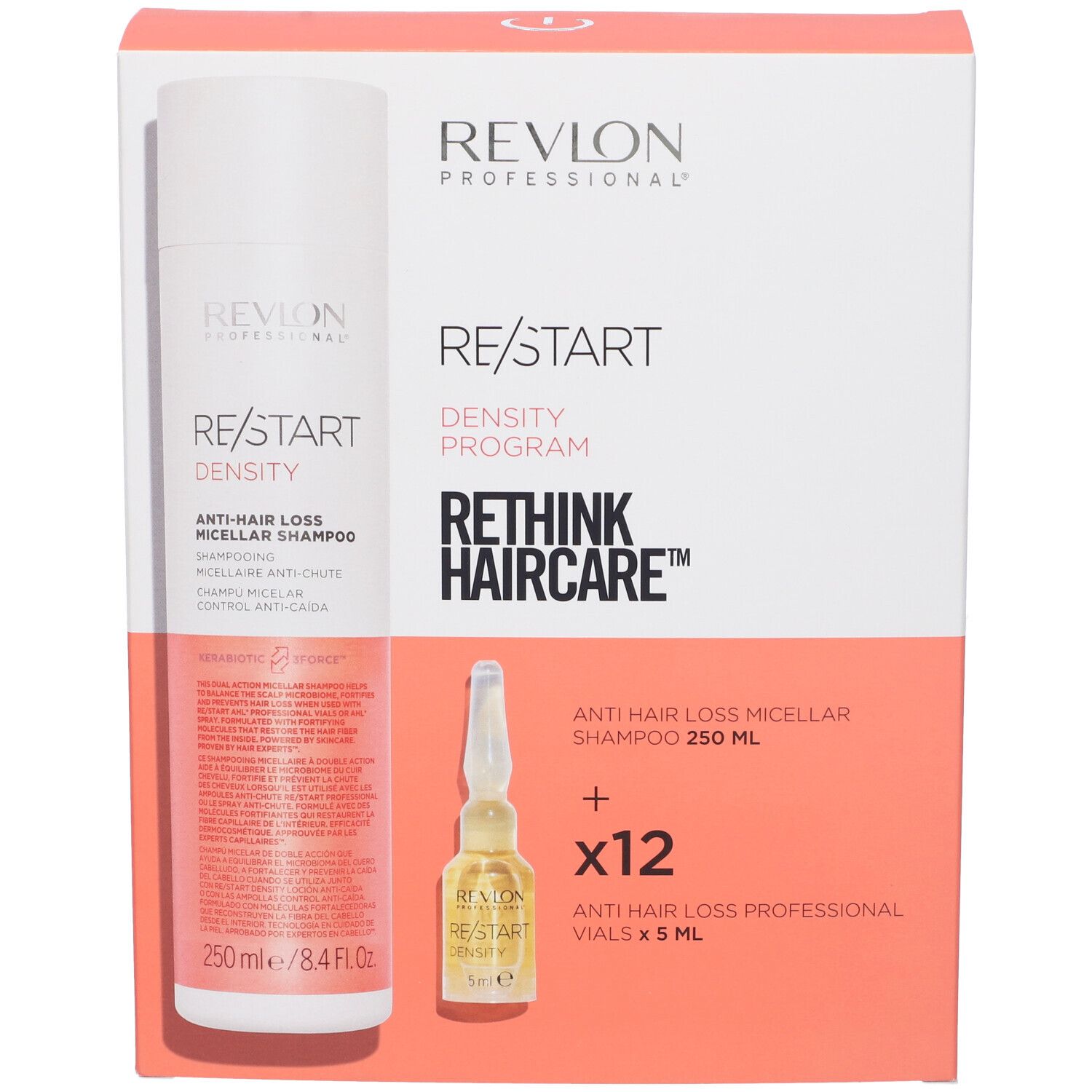 Confezione Revlon Professional Re/Start Density Anti-Caduta. Contiene shampoo e fiale. Testo: Re/Start, Density, Anti-Caduta.
