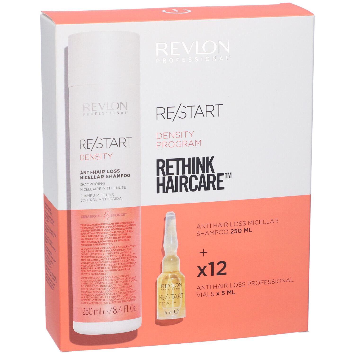 Confezione RE/START DENSITY con shampoo e fiale. Scritta: RE/START DENSITY, Anti-Hair Loss Micellar Shampoo, Revlon Professional. Contiene 12 fiale.