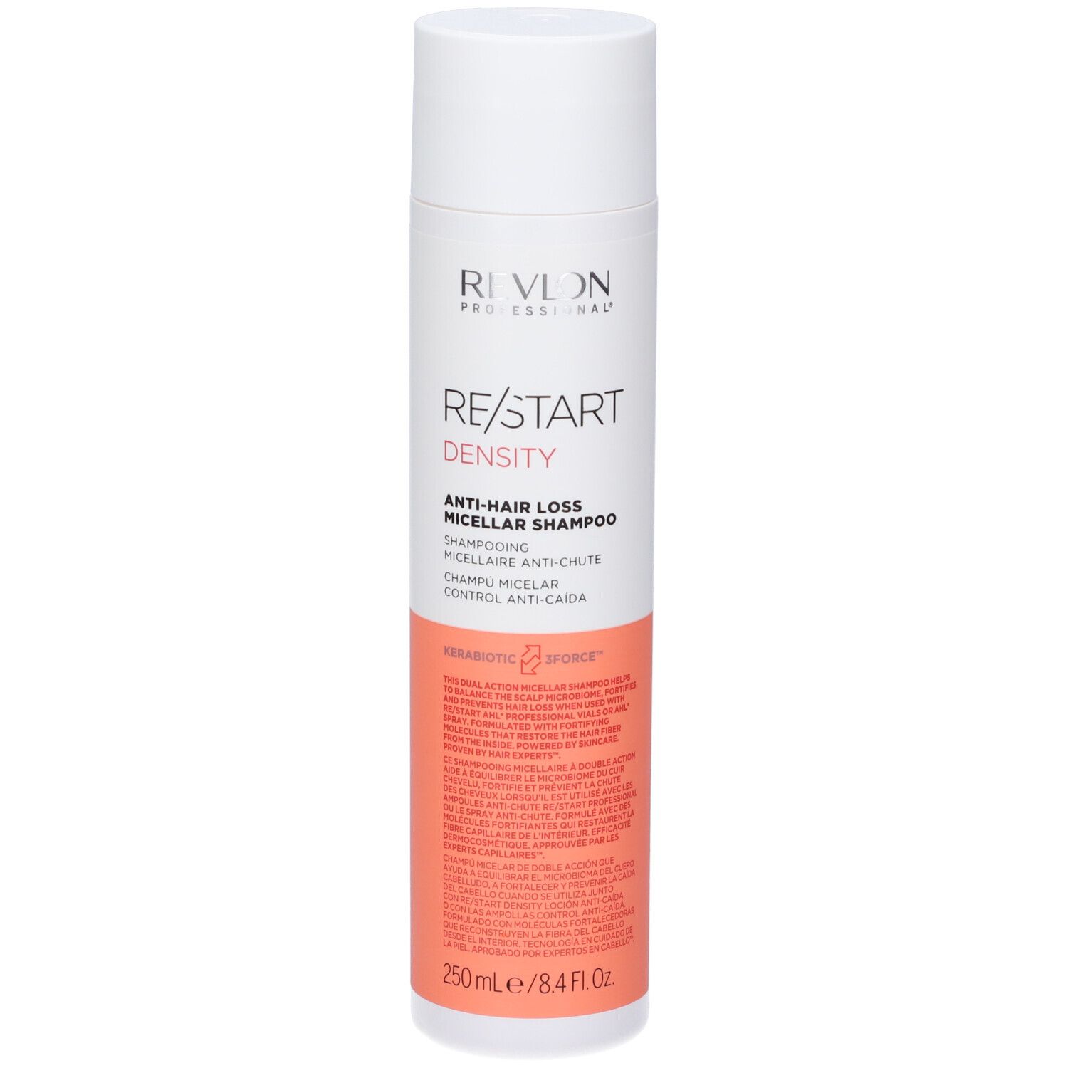 Flacone bianco-rosa di shampoo. Testo: Revlon, Re/Start Density, Shampoo Micellare Anti-Caduta. 250ml/8.4 fl oz.