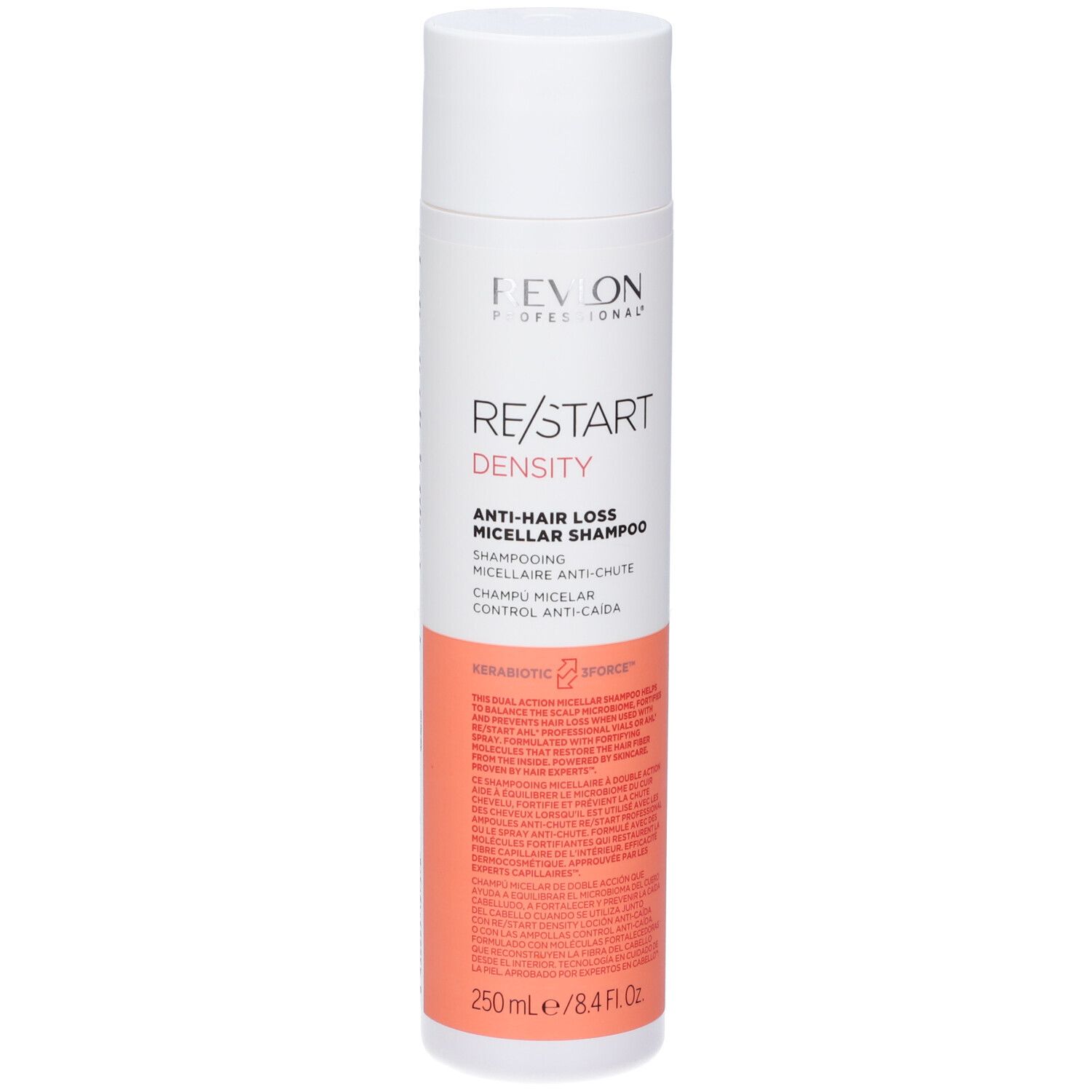 Flacone bianco-rosa di shampoo. Testo: Revlon, Re/Start Density, Shampoo Micellare Anti-Caduta. 250ml/8.4 fl oz.